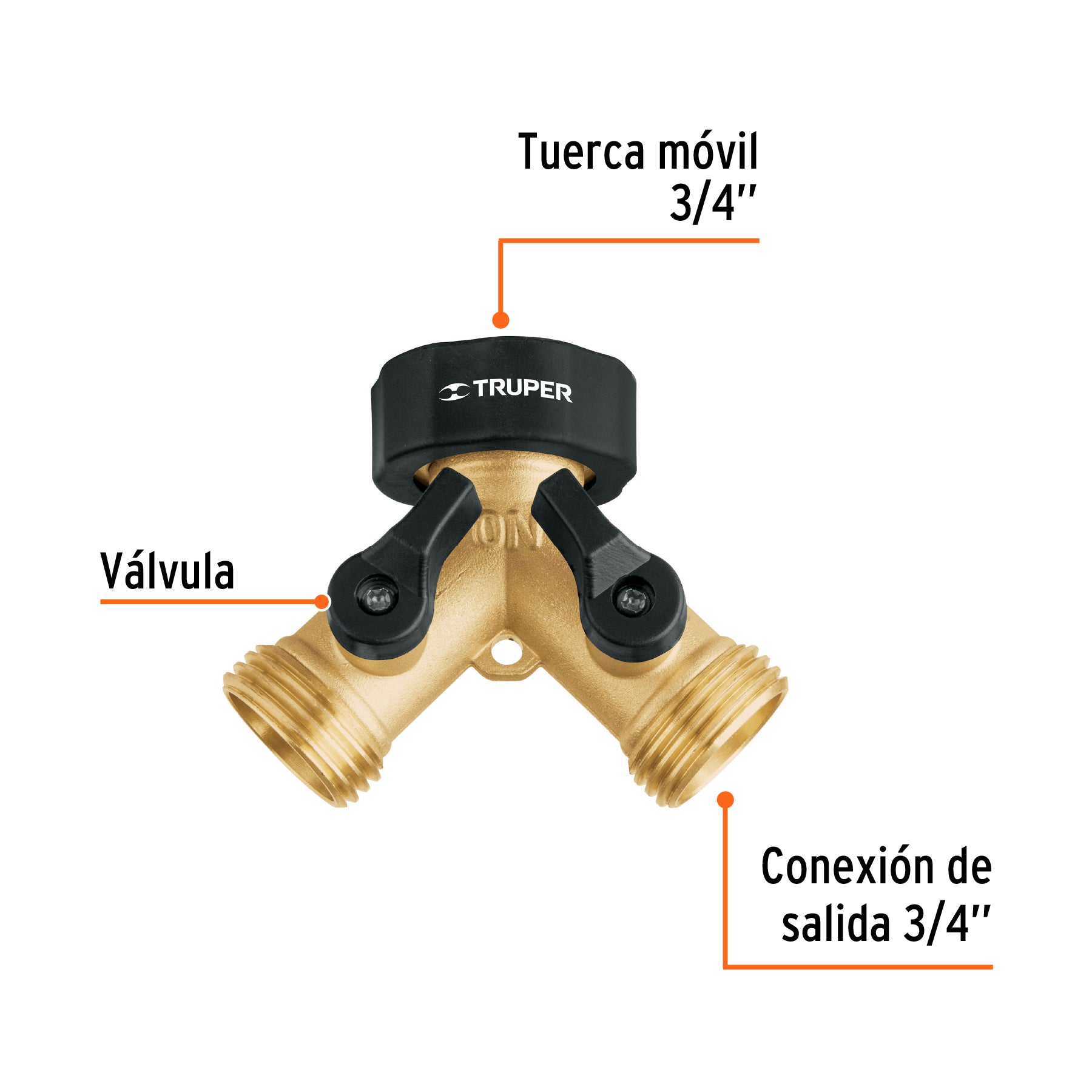 Conector 'Y' 3/4' latón sólido con tuerca móvil p/manguera. Modelo: AD-2X