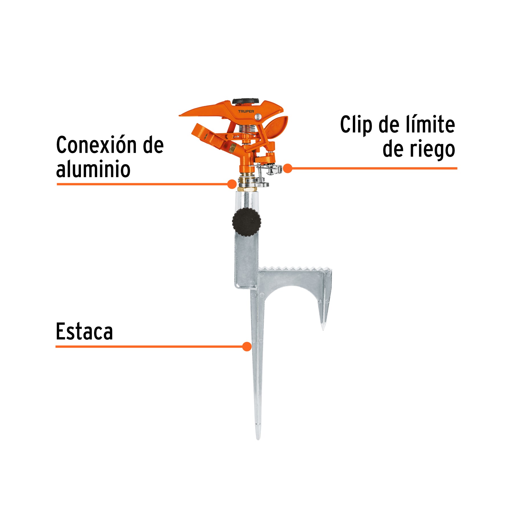 Aspersor metálico 14' dos vías, reforzado, estaca de escalón. Modelo: ASP-11R