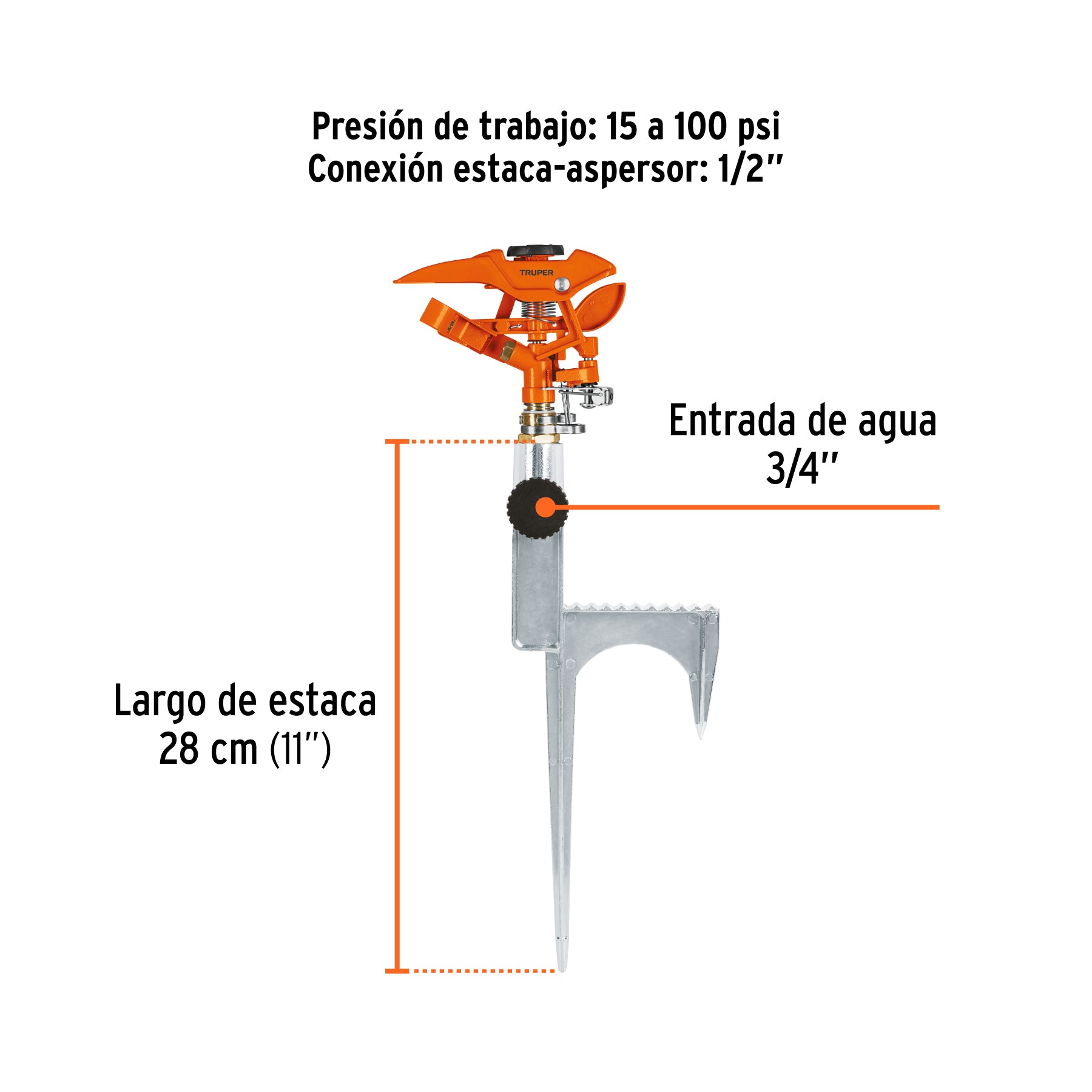 Aspersor metálico 14' dos vías, reforzado, estaca de escalón. Modelo: ASP-11R