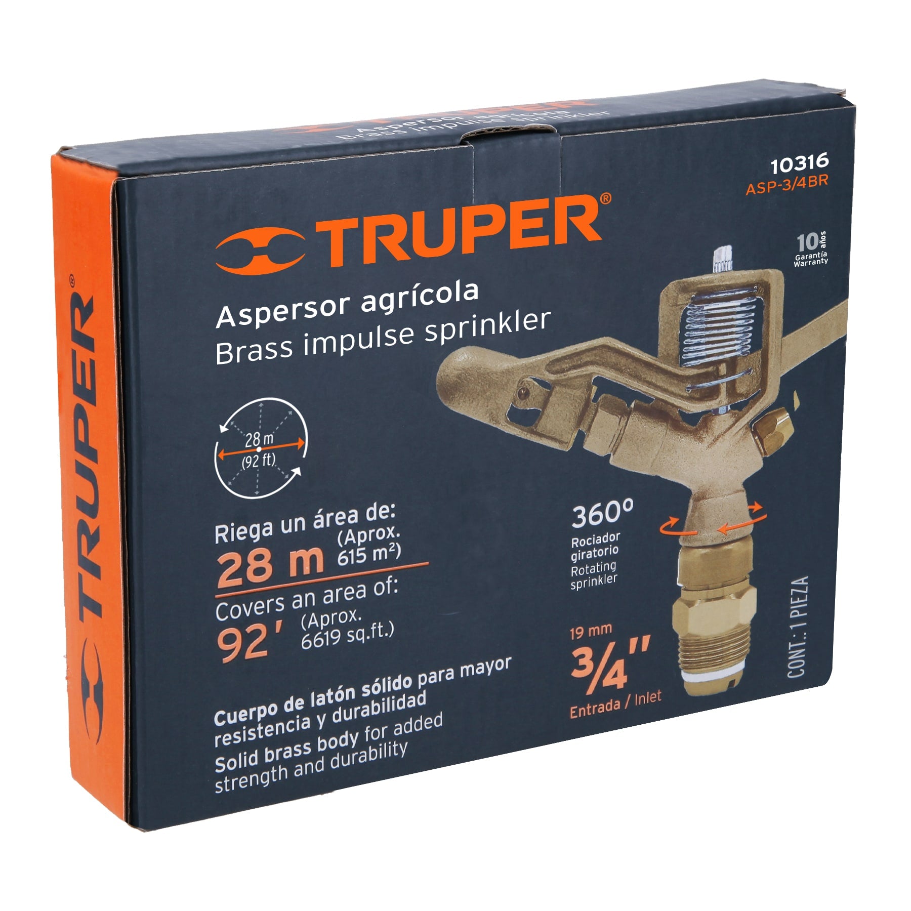 Aspersor agrícola de 3/4' fundido en latón, TRUPER. Modelo: ASP-3/4BR
