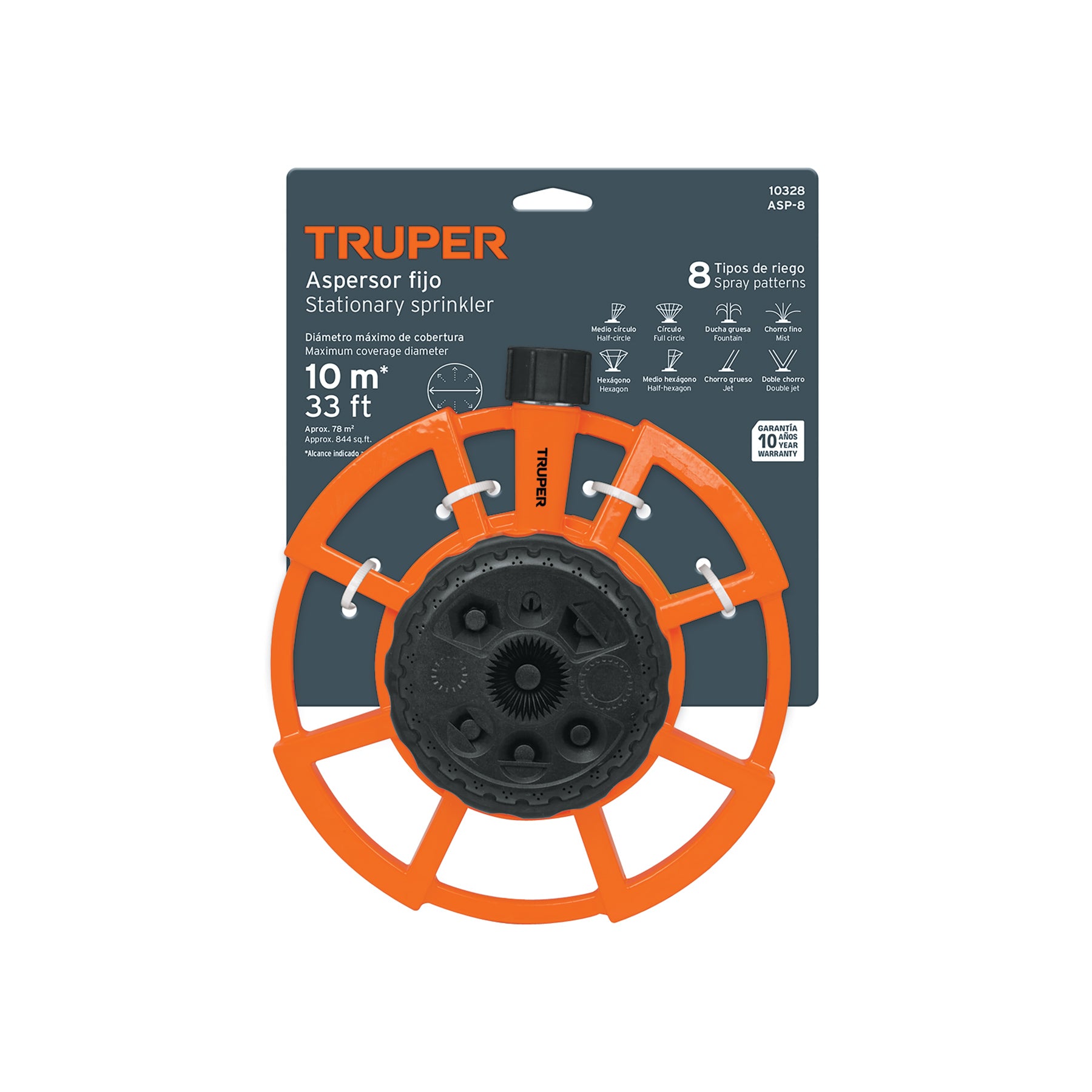 Aspersor base metálica, con 8 funciones, TRUPER. Modelo: ASP-8