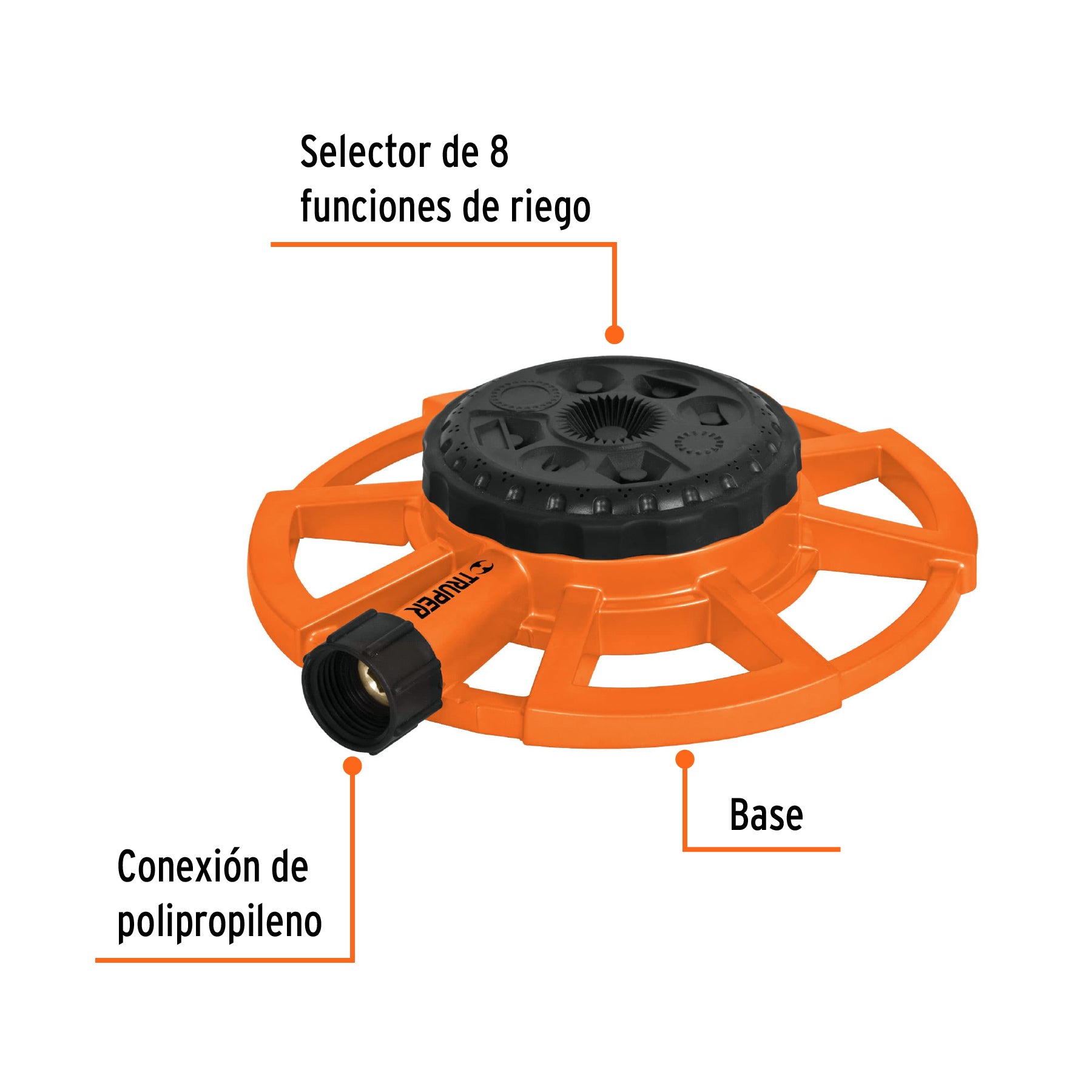 Aspersor base metálica, con 8 funciones, TRUPER. Modelo: ASP-8