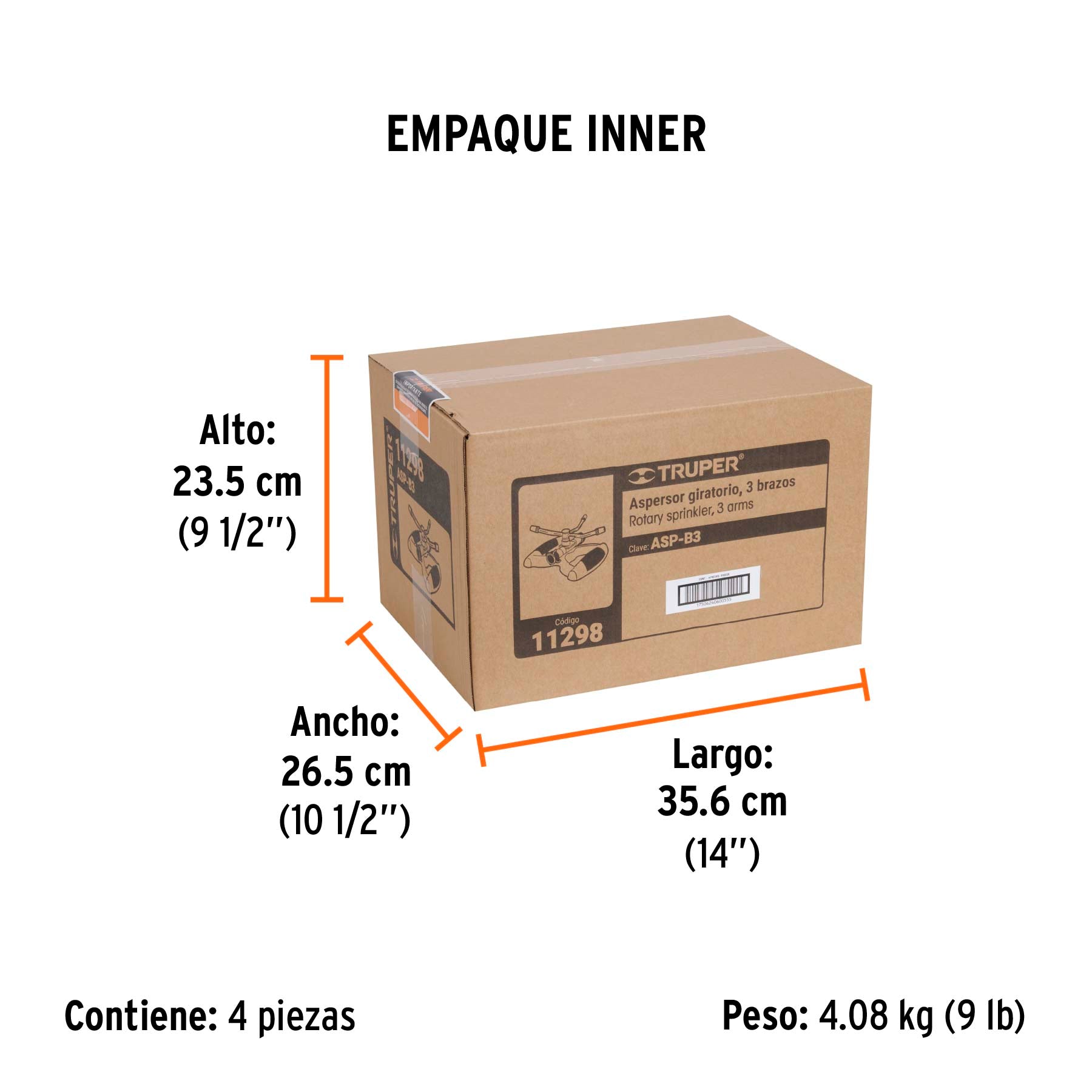Aspersor metálico de 3 brazos con base plástica, TRUPER. Modelo: ASP-B3