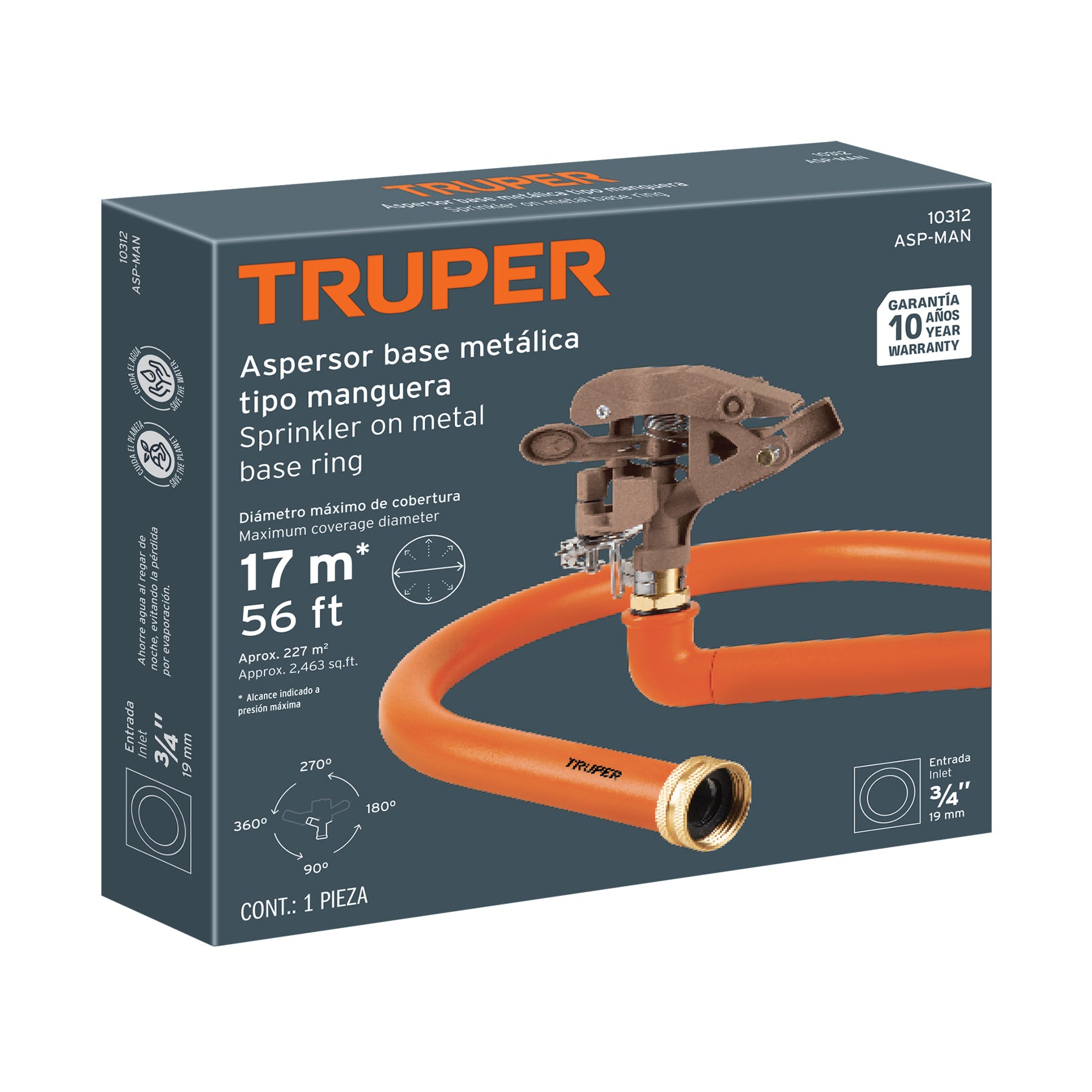 Aspersor base metálica, tipo manguera, TRUPER. Modelo: ASP-MAN