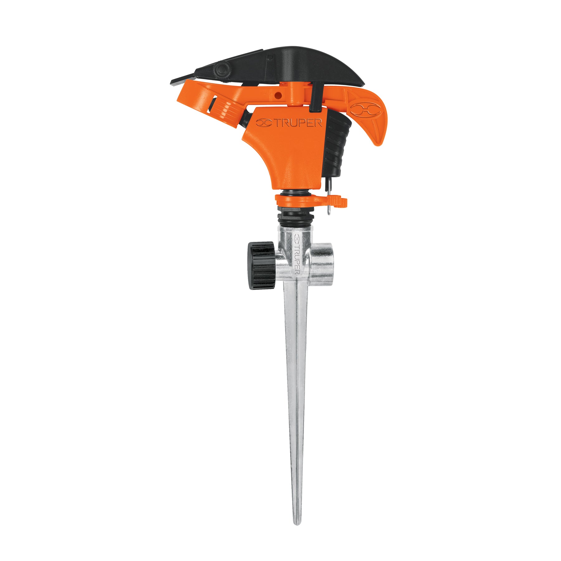 Aspersor plástico 11', dos vías, estaca metálica, TRUPER. Modelo: ASP-P11X