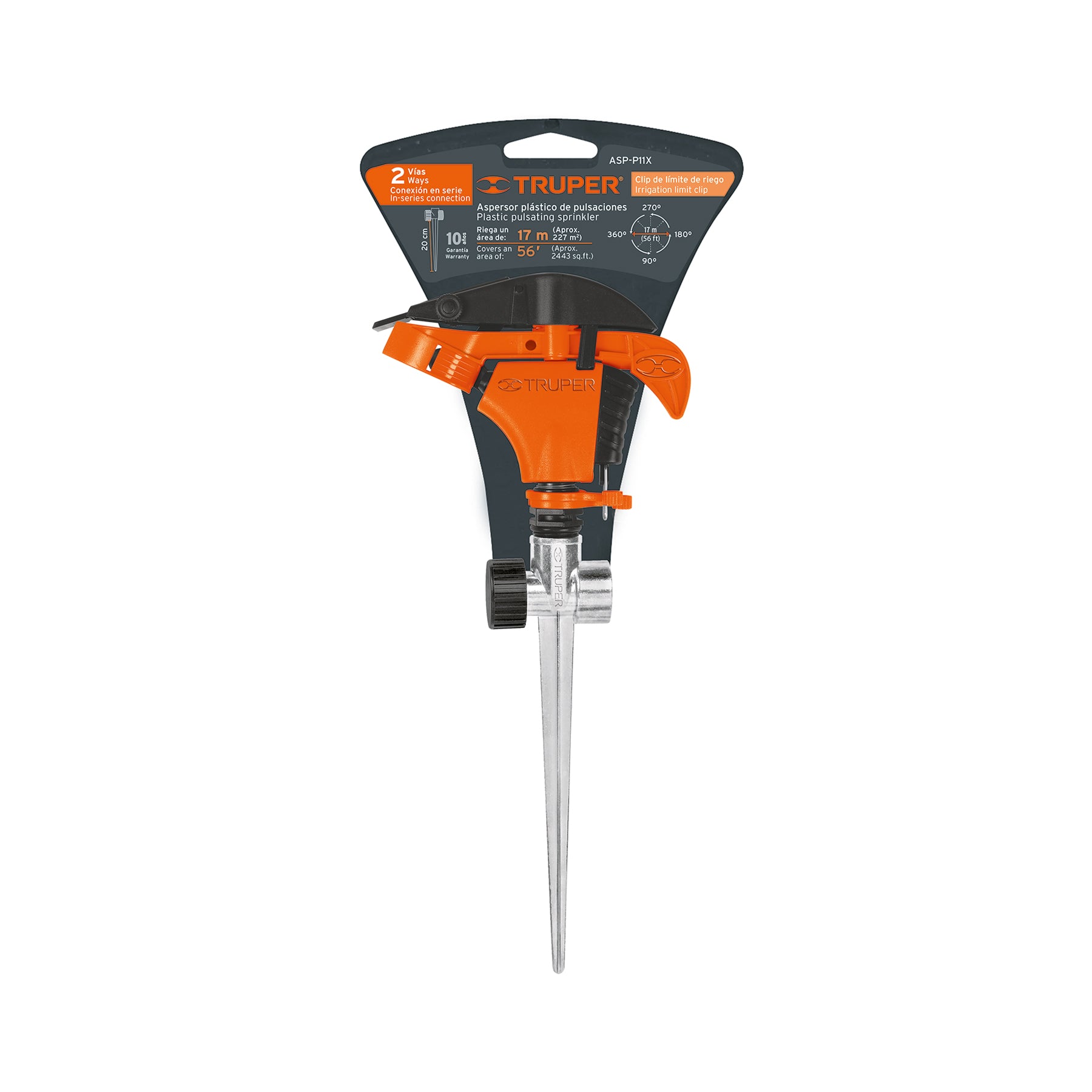 Aspersor plástico 11', dos vías, estaca metálica, TRUPER. Modelo: ASP-P11X