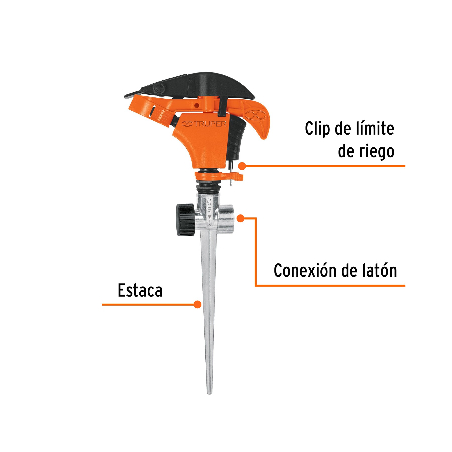Aspersor plástico 11', dos vías, estaca metálica, TRUPER. Modelo: ASP-P11X