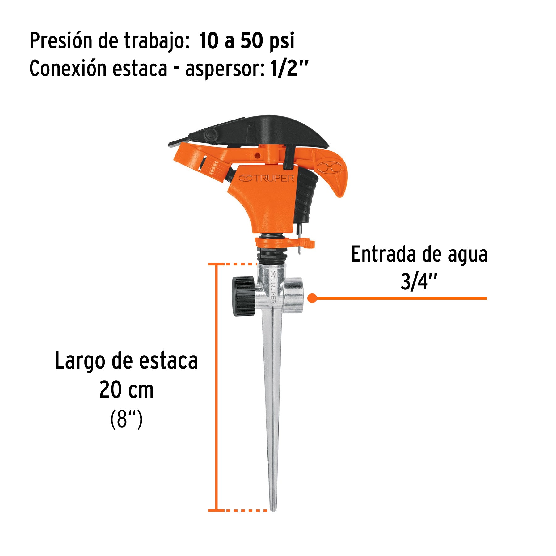 Aspersor plástico 11', dos vías, estaca metálica, TRUPER. Modelo: ASP-P11X