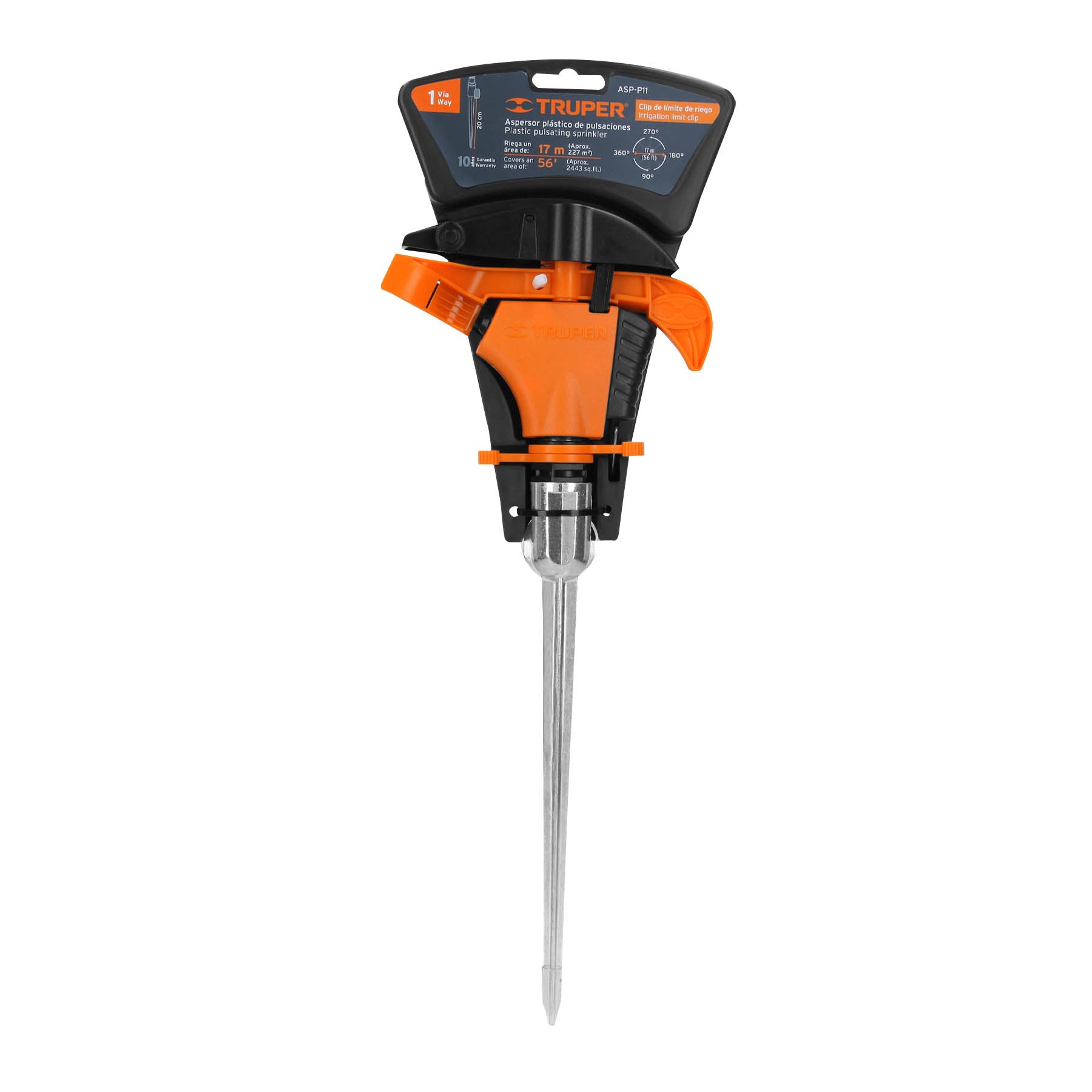 Aspersor plástico 11', una vía, estaca metálica, TRUPER. Modelo: ASP-P11