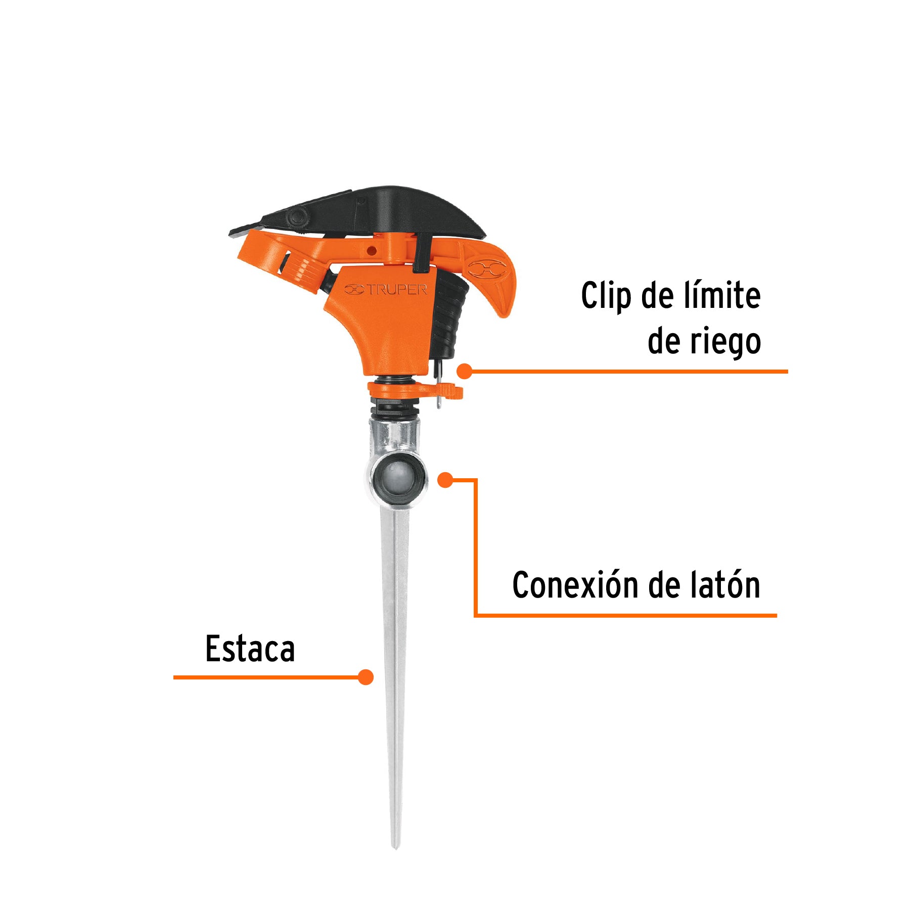 Aspersor plástico 11', una vía, estaca metálica, TRUPER. Modelo: ASP-P11