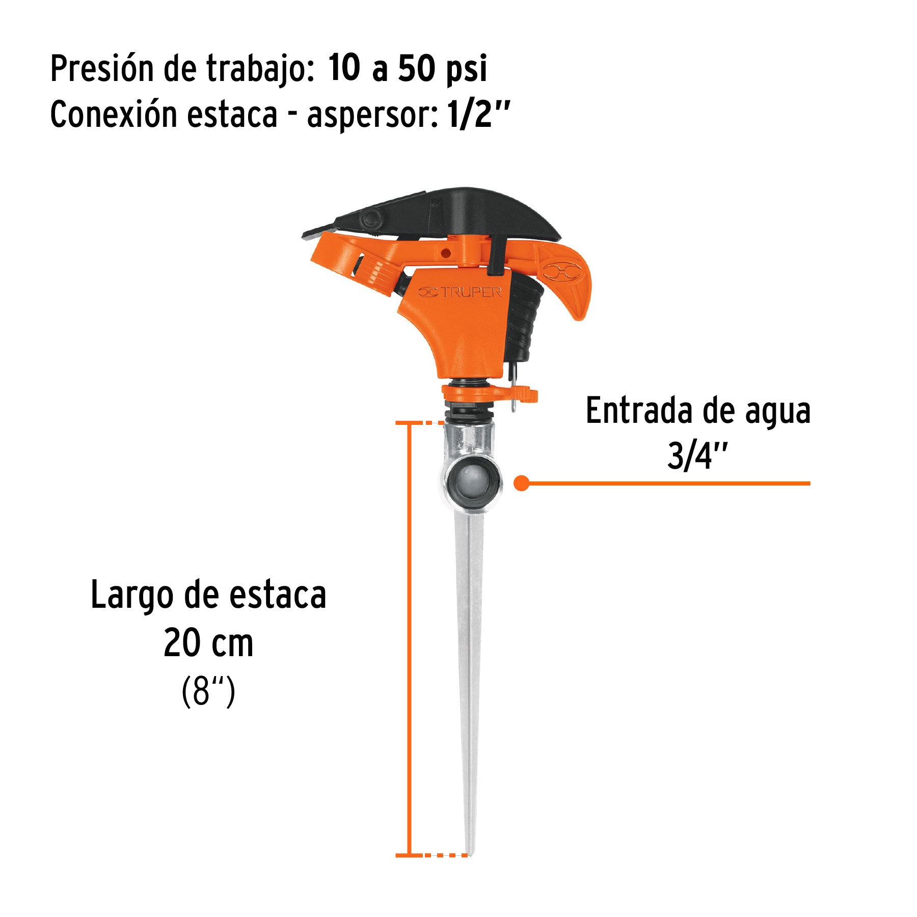 Aspersor plástico 11', una vía, estaca metálica, TRUPER. Modelo: ASP-P11