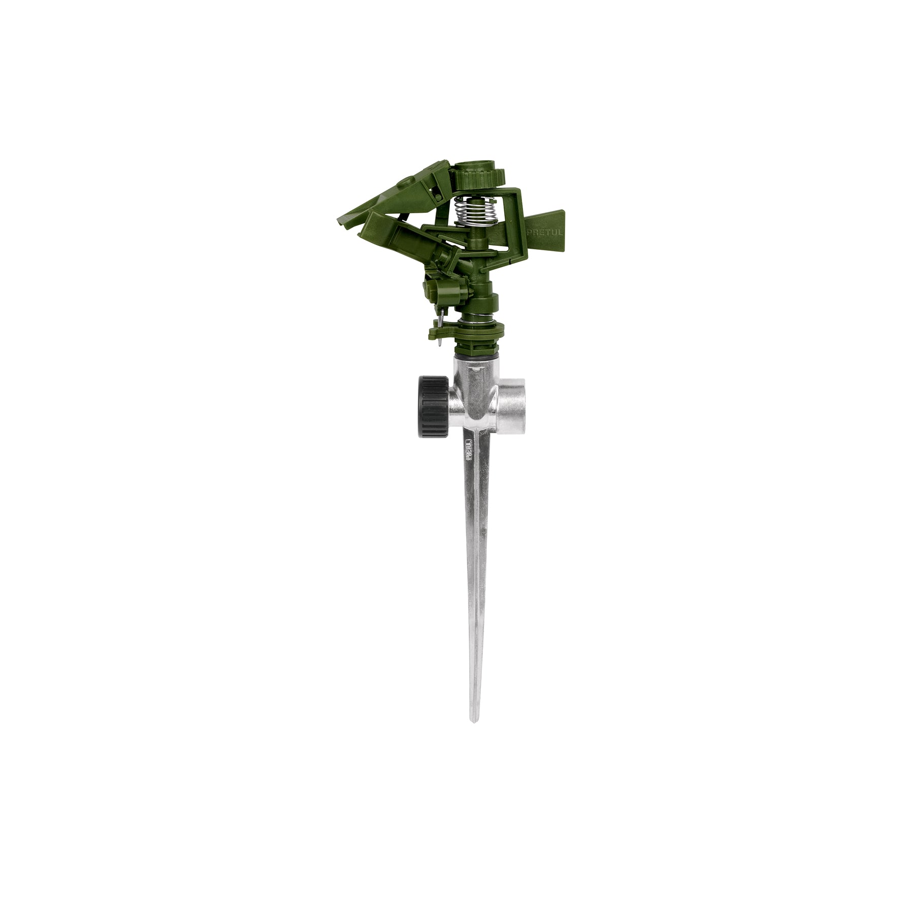 Aspersor plástico 11' dos vías estaca metálica verde, PRETUL. Modelo: ASVE-11X