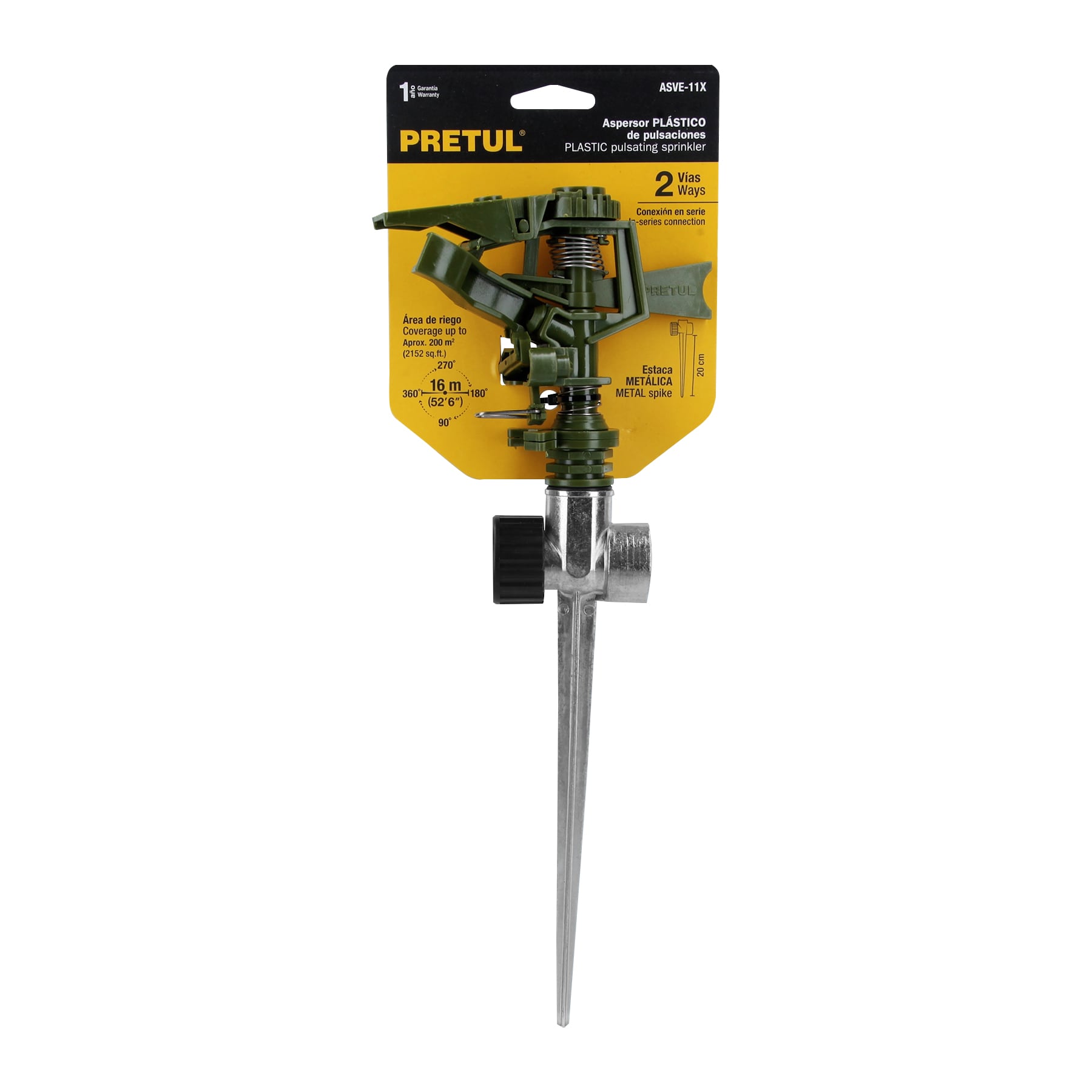 Aspersor plástico 11' dos vías estaca metálica verde, PRETUL. Modelo: ASVE-11X