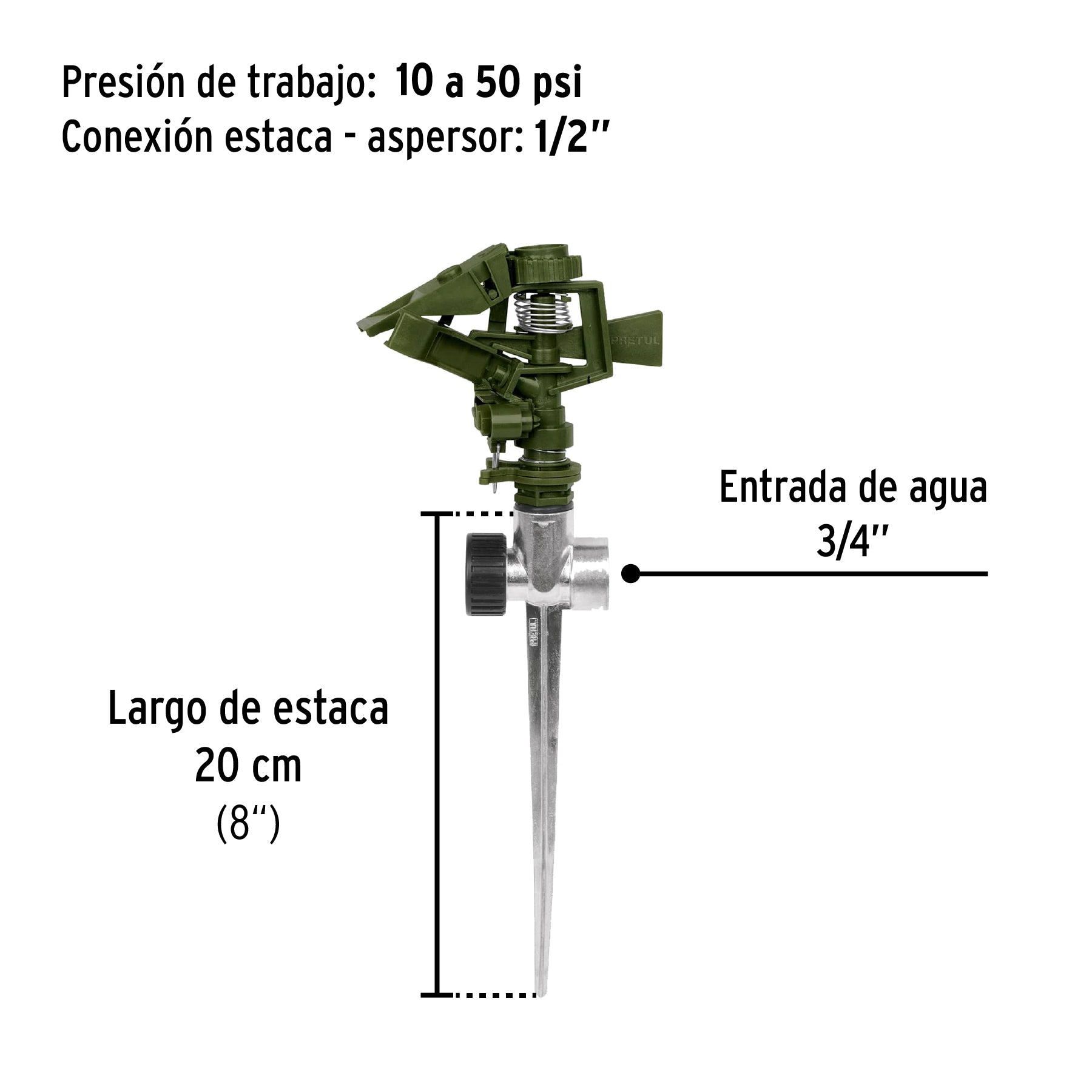 Aspersor plástico 11' dos vías estaca metálica verde, PRETUL. Modelo: ASVE-11X