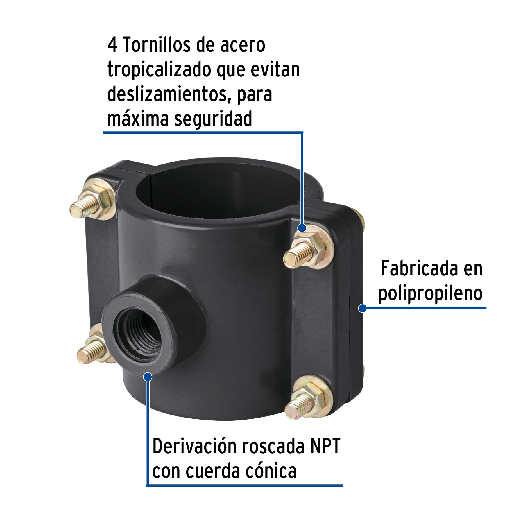 Abrazadera para toma domiciliaria PP 2-1/2' x 1/2', FOSET. Modelo: ATD-2 1/2
