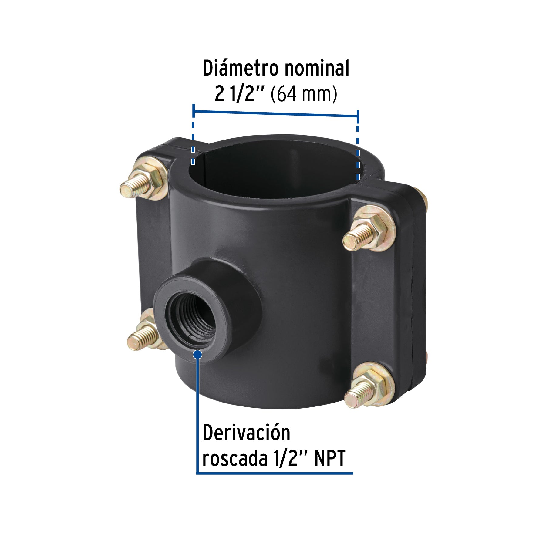 Abrazadera para toma domiciliaria PP 2-1/2' x 1/2', FOSET. Modelo: ATD-2 1/2