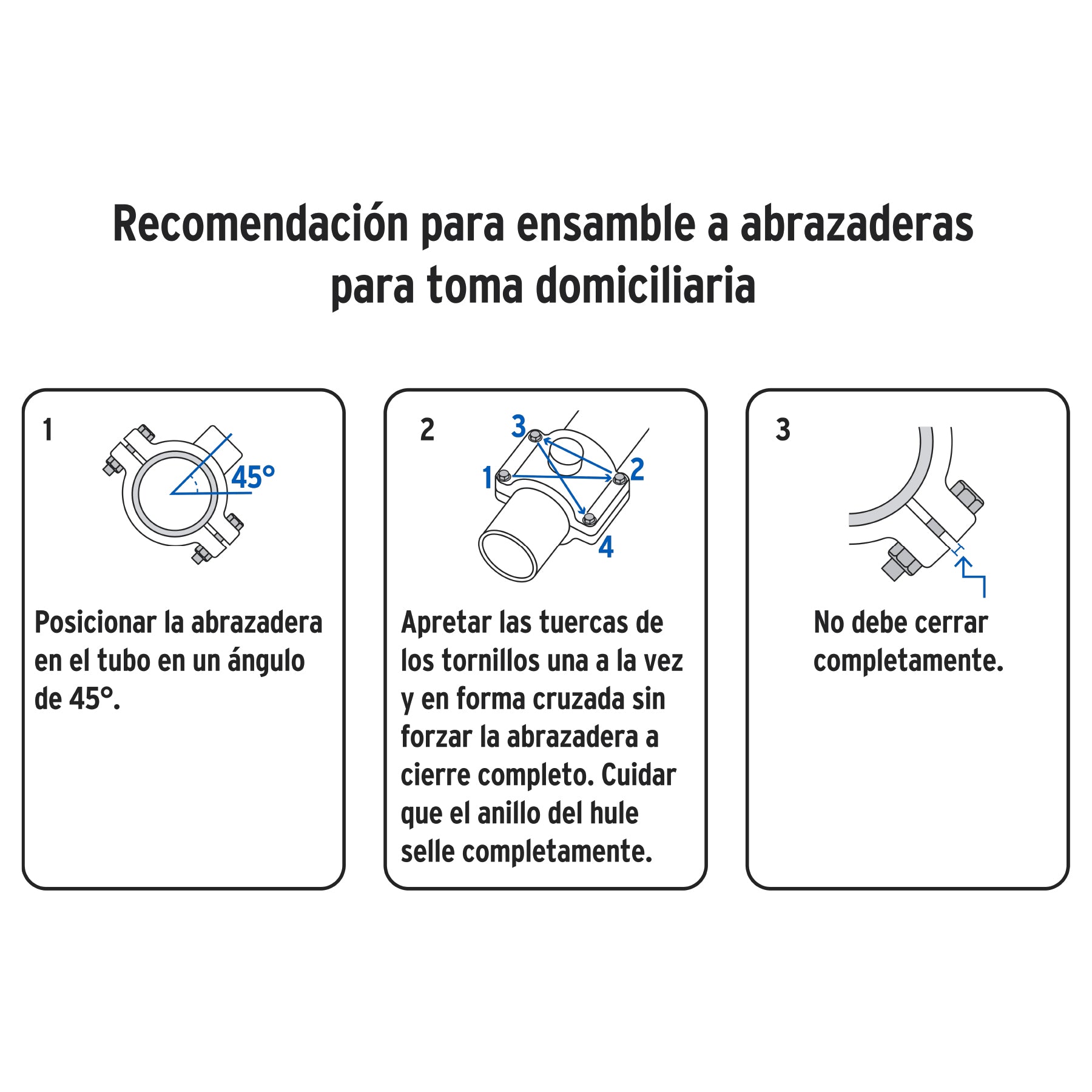 Abrazadera para toma domiciliaria PP 3' x 1/2', FOSET. Modelo: ATD-3