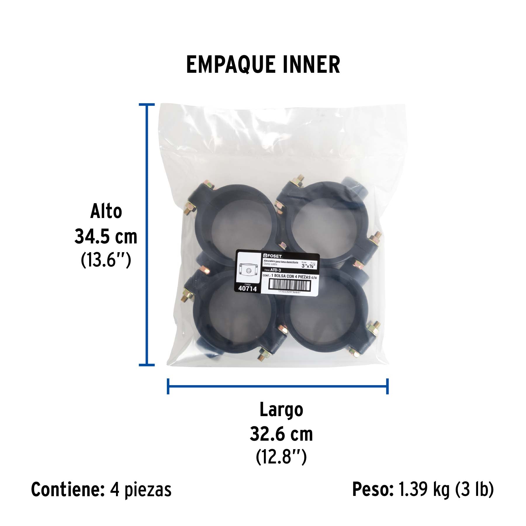 Abrazadera para toma domiciliaria PP 3' x 1/2', FOSET. Modelo: ATD-3