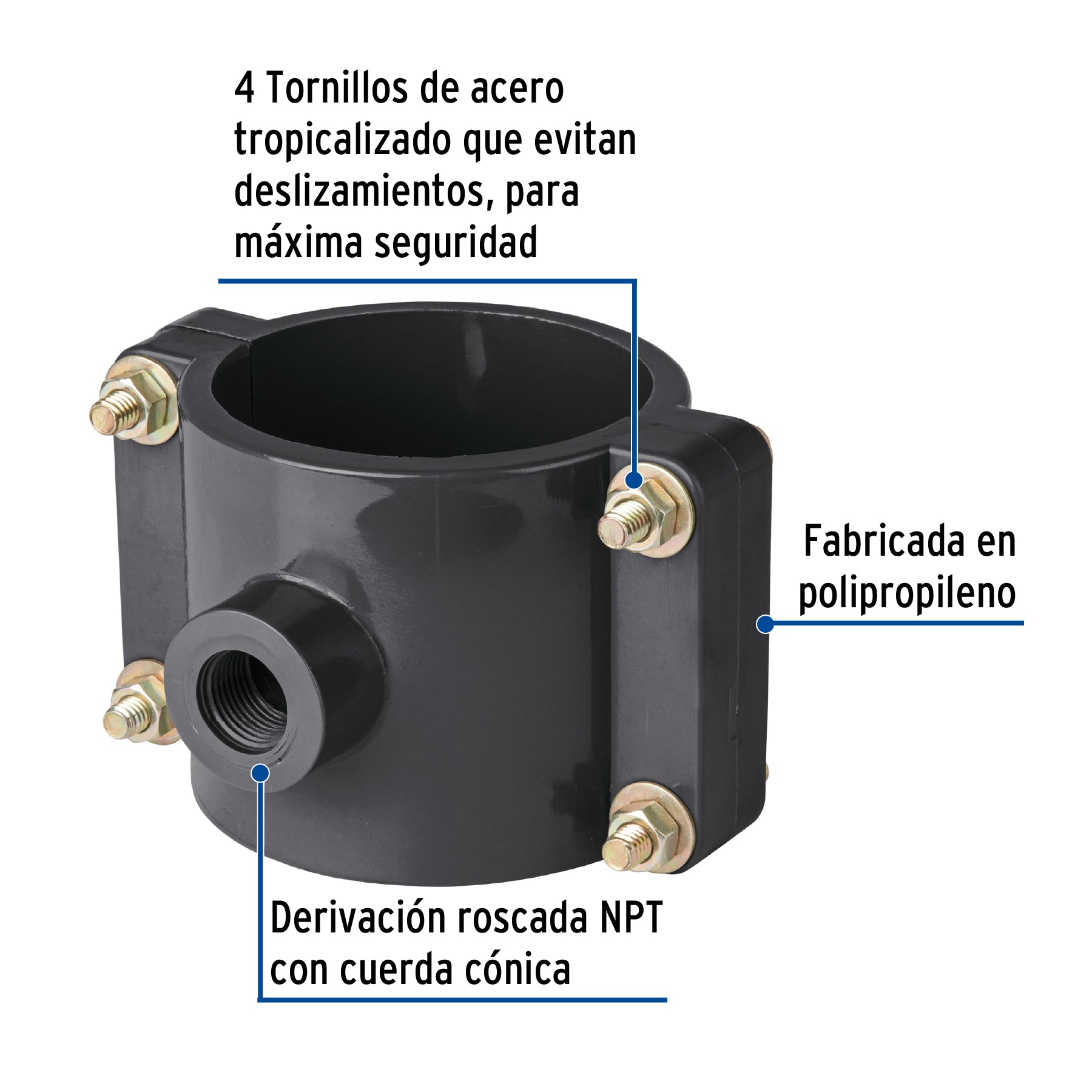 Abrazadera para toma domiciliaria PP 3' x 1/2', FOSET. Modelo: ATD-3