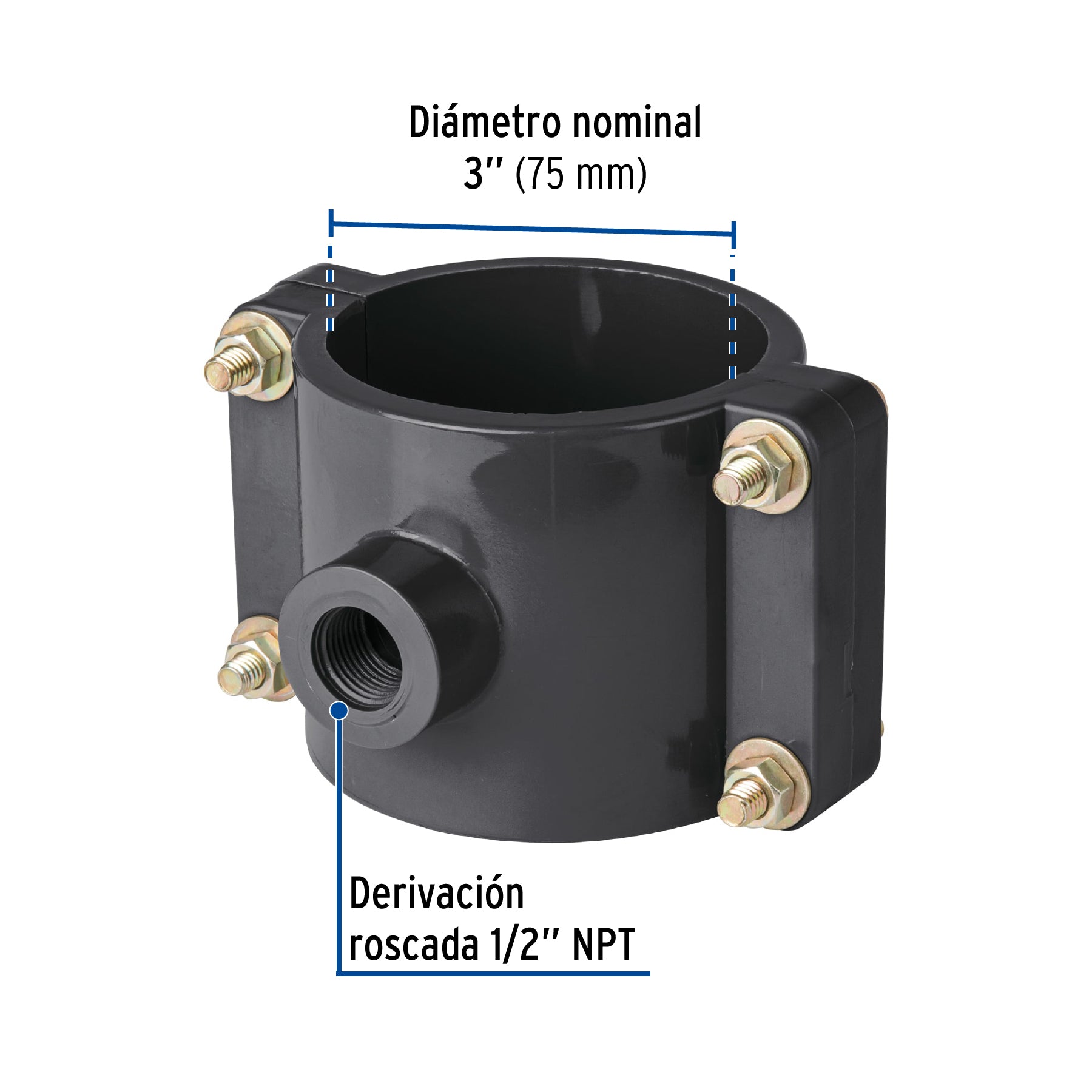 Abrazadera para toma domiciliaria PP 3' x 1/2', FOSET. Modelo: ATD-3