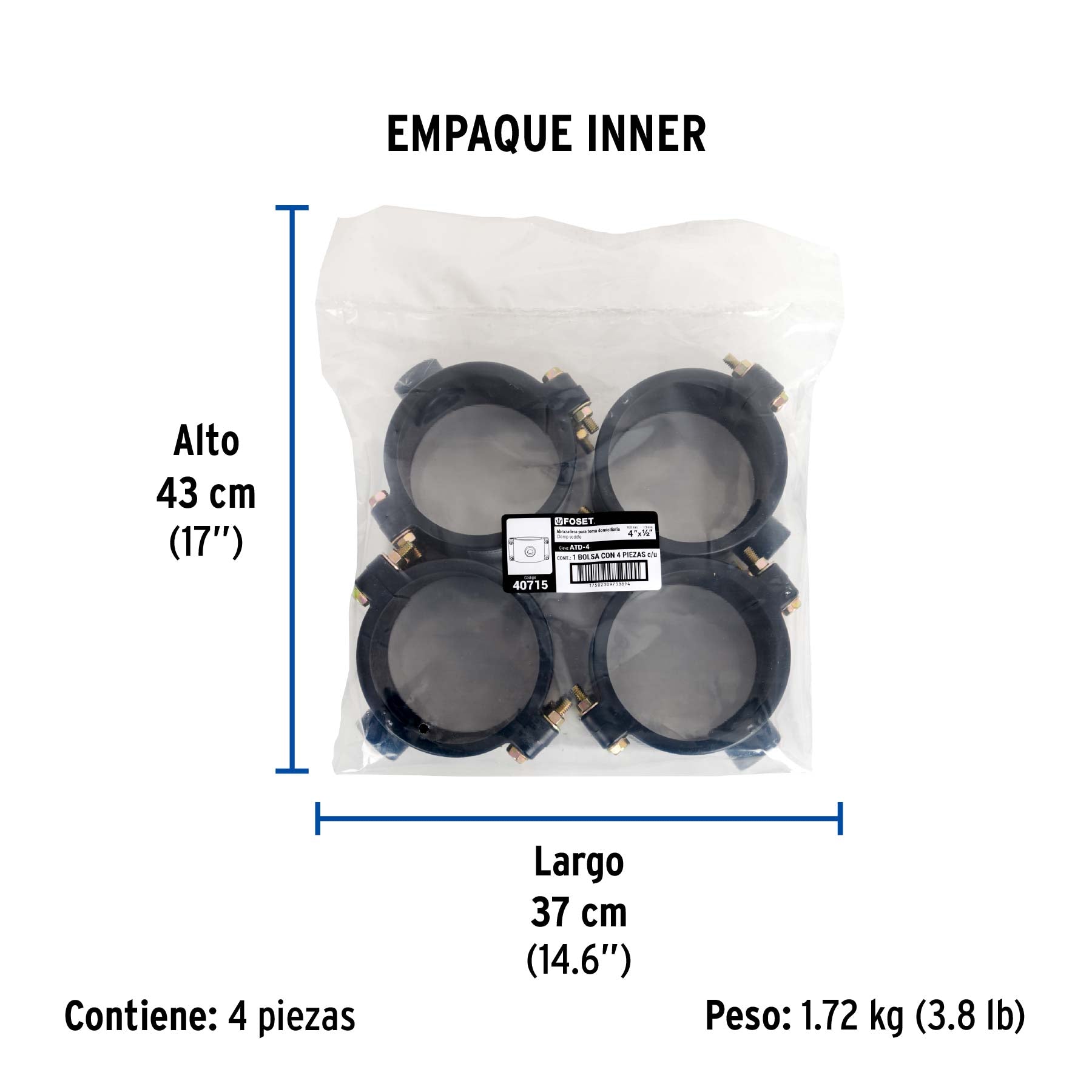 Abrazadera para toma domiciliaria PP 4' x 1/2', FOSET. Modelo: ATD-4