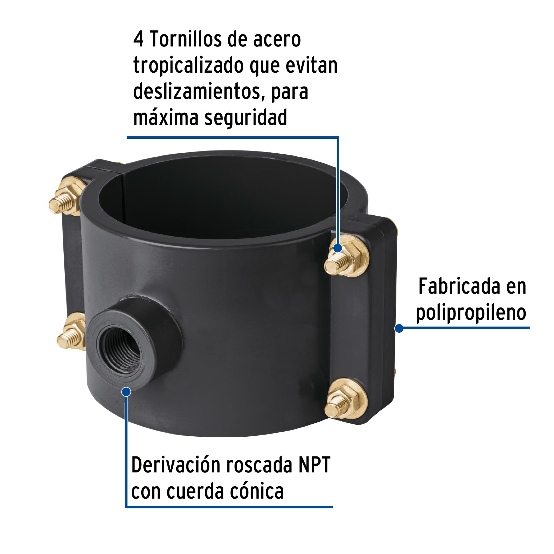 Abrazadera para toma domiciliaria PP 4' x 1/2', FOSET. Modelo: ATD-4