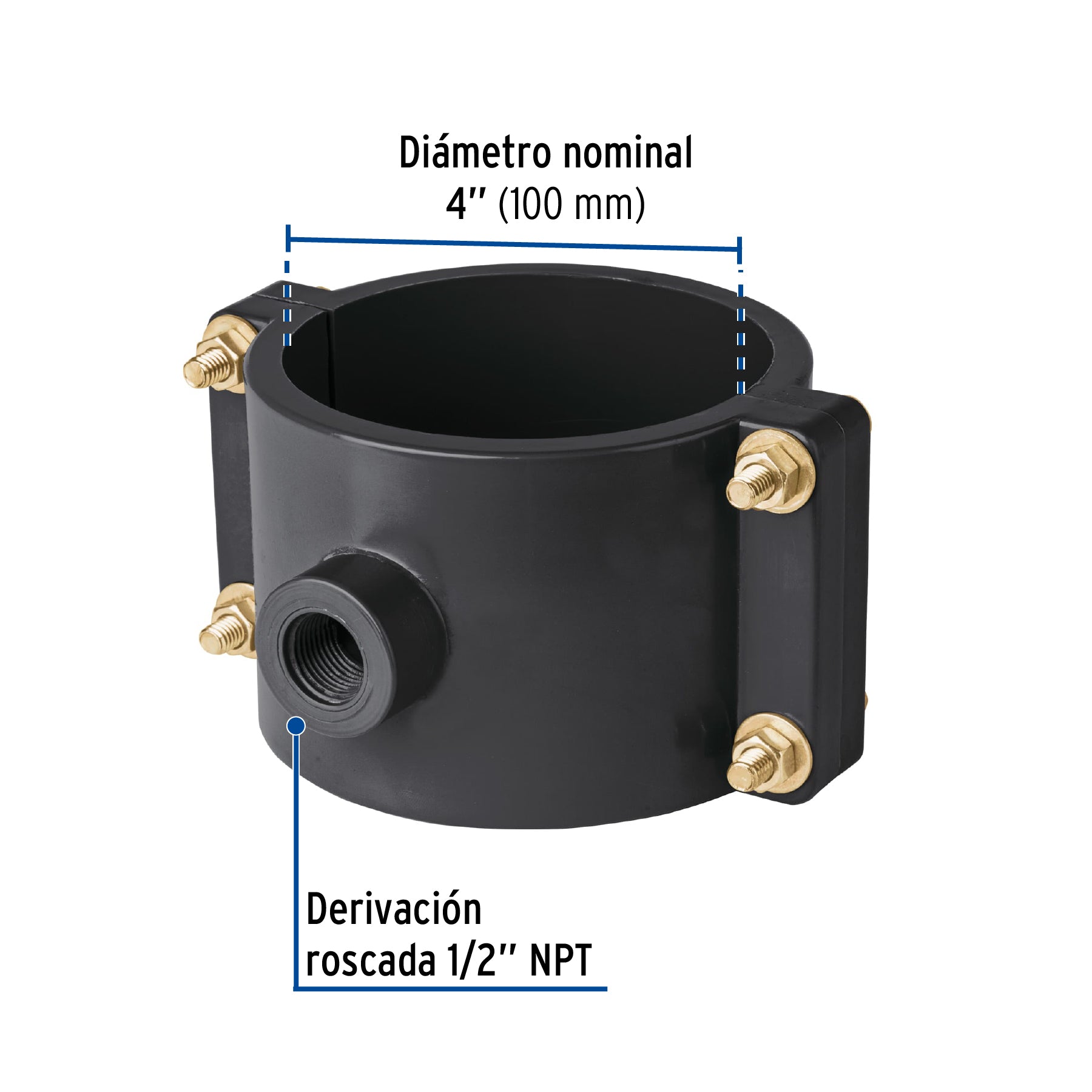 Abrazadera para toma domiciliaria PP 4' x 1/2', FOSET. Modelo: ATD-4