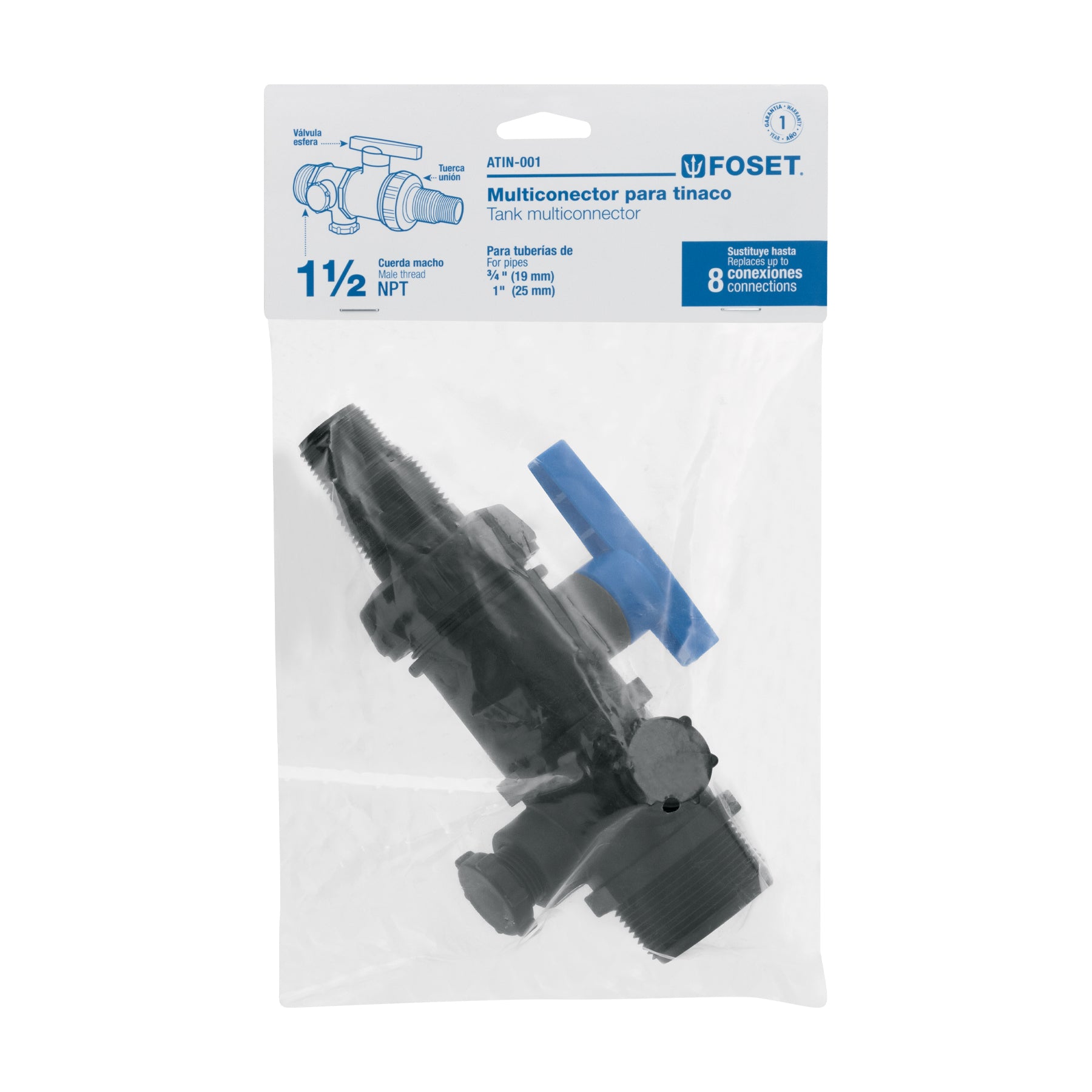 Multiconector polipropileno para tinaco, con válvula, FOSET. Modelo: ATIN-001