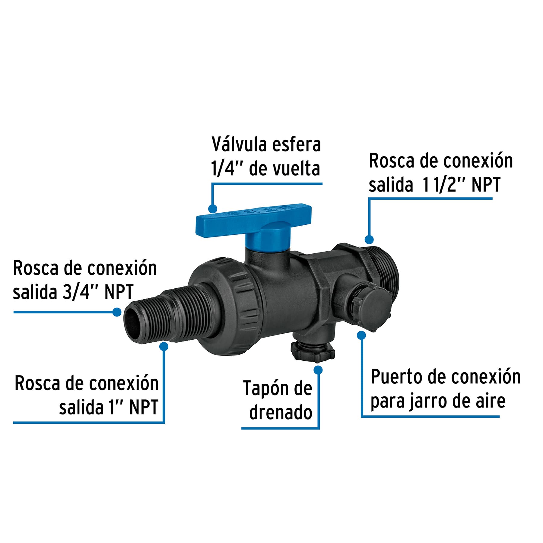 Multiconector polipropileno para tinaco, con válvula, FOSET. Modelo: ATIN-001
