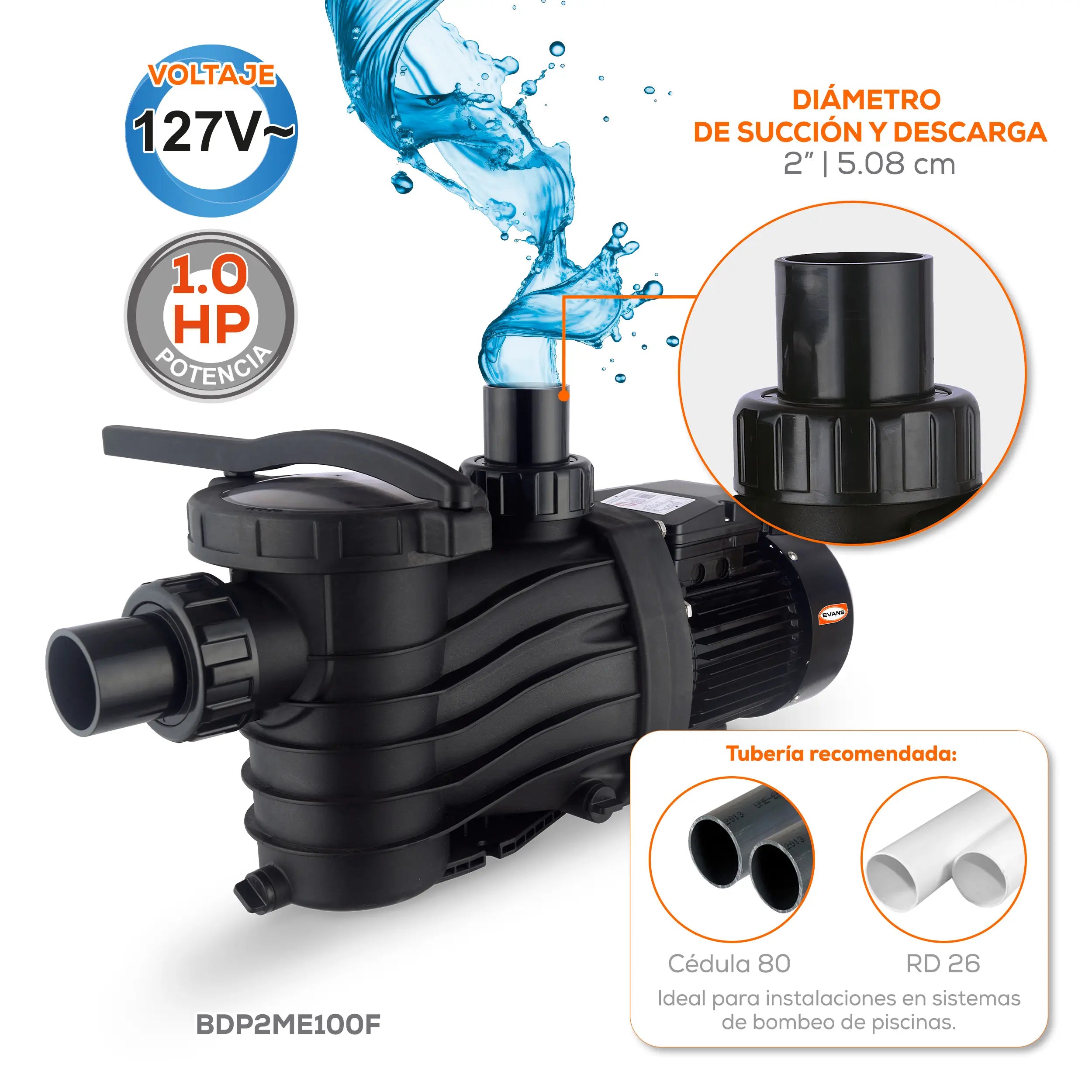 Bomba para alberca 175 L/min Marca EVANS. Modelo: BDP2ME100F