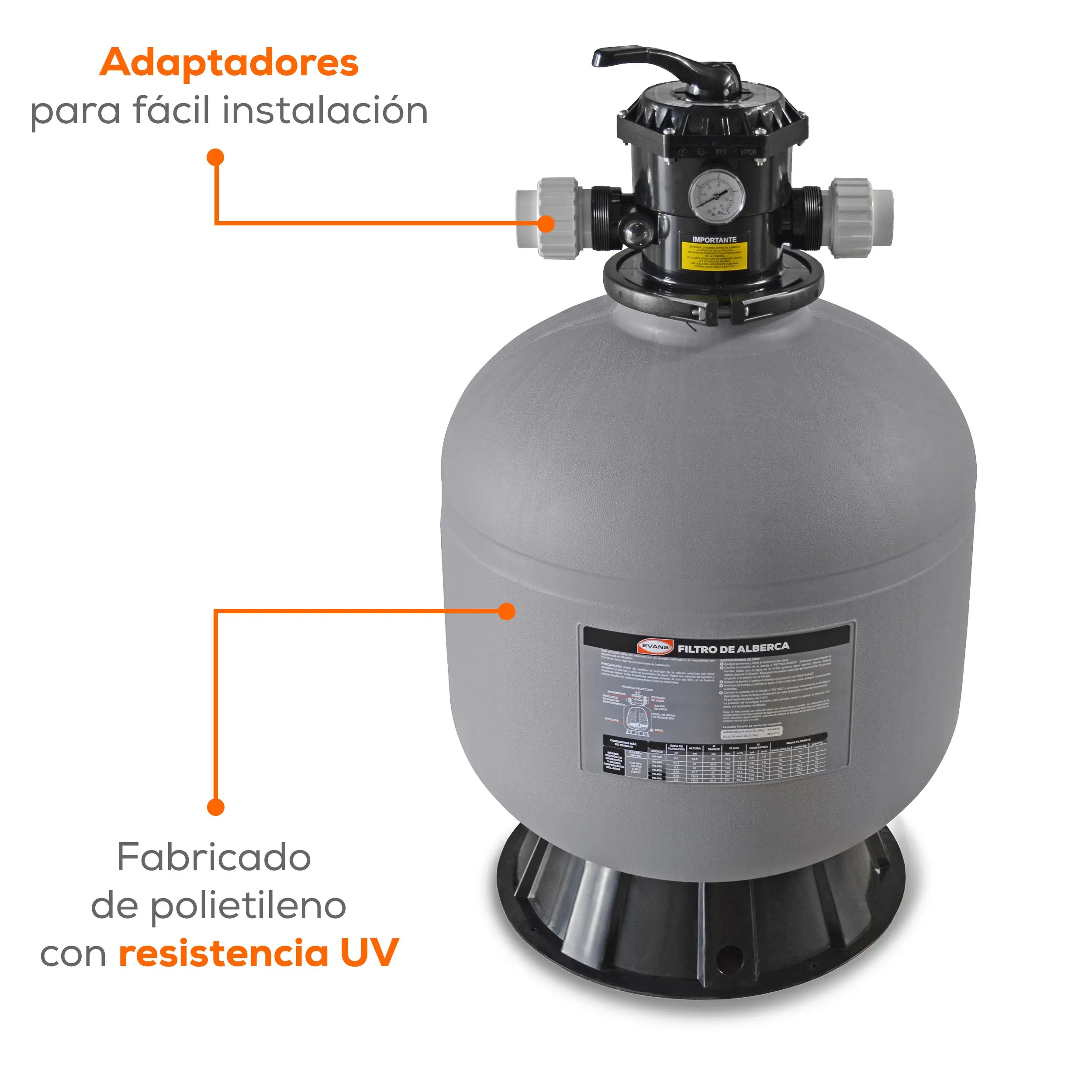 Filtro de alberca 22.5" plástico Marca EVANS. Modelo: PA-600