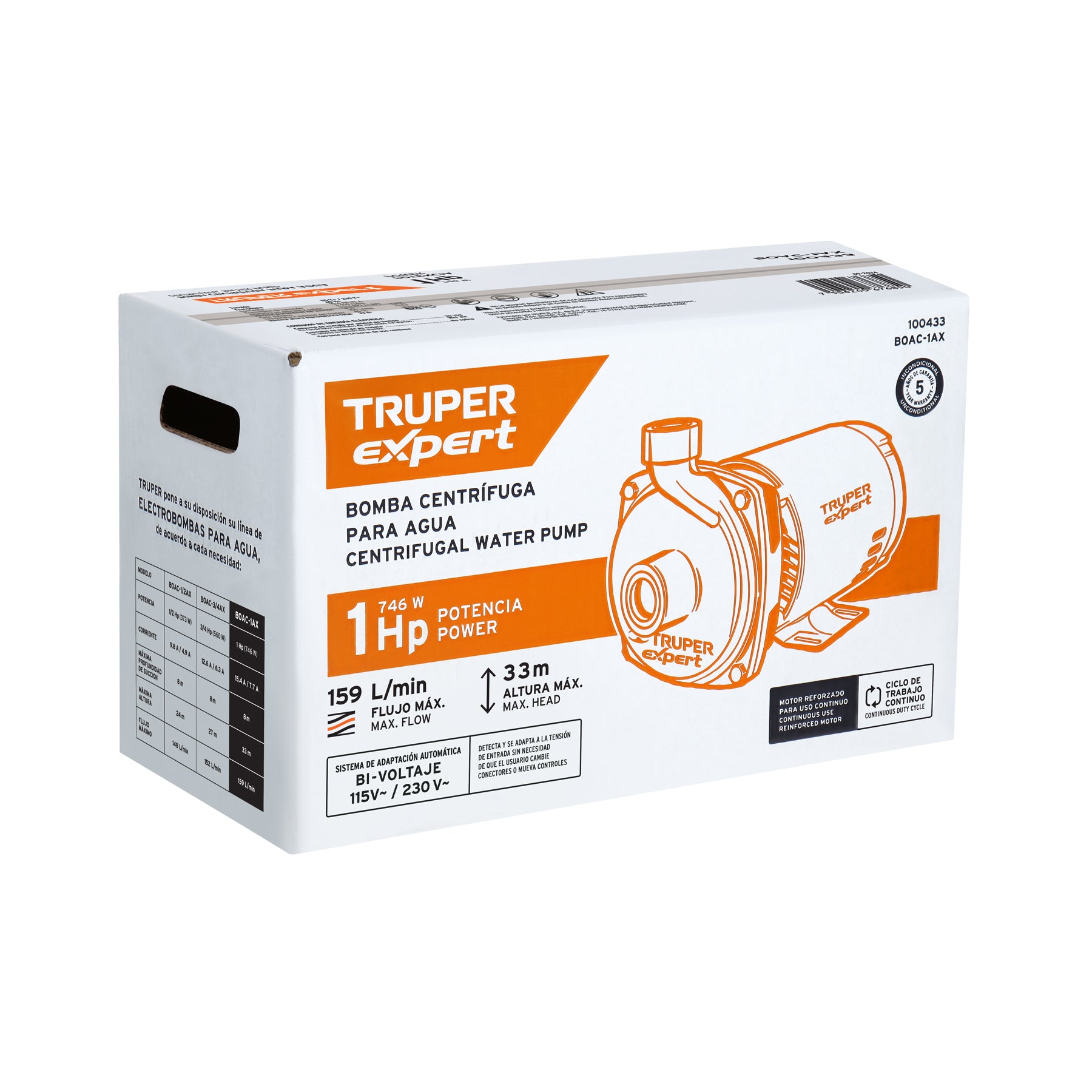 Bomba centrífuga para agua, 1 HP, TRUPER EXPERT. Modelo: BOAC-1AX