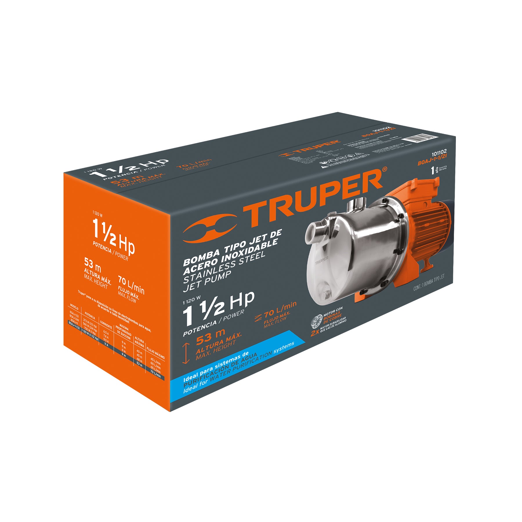 Bomba tipo jet, cabezal de acero inoxidable,1-1/2 HP, TRUPER. Modelo: BOAJ-1-1/2I