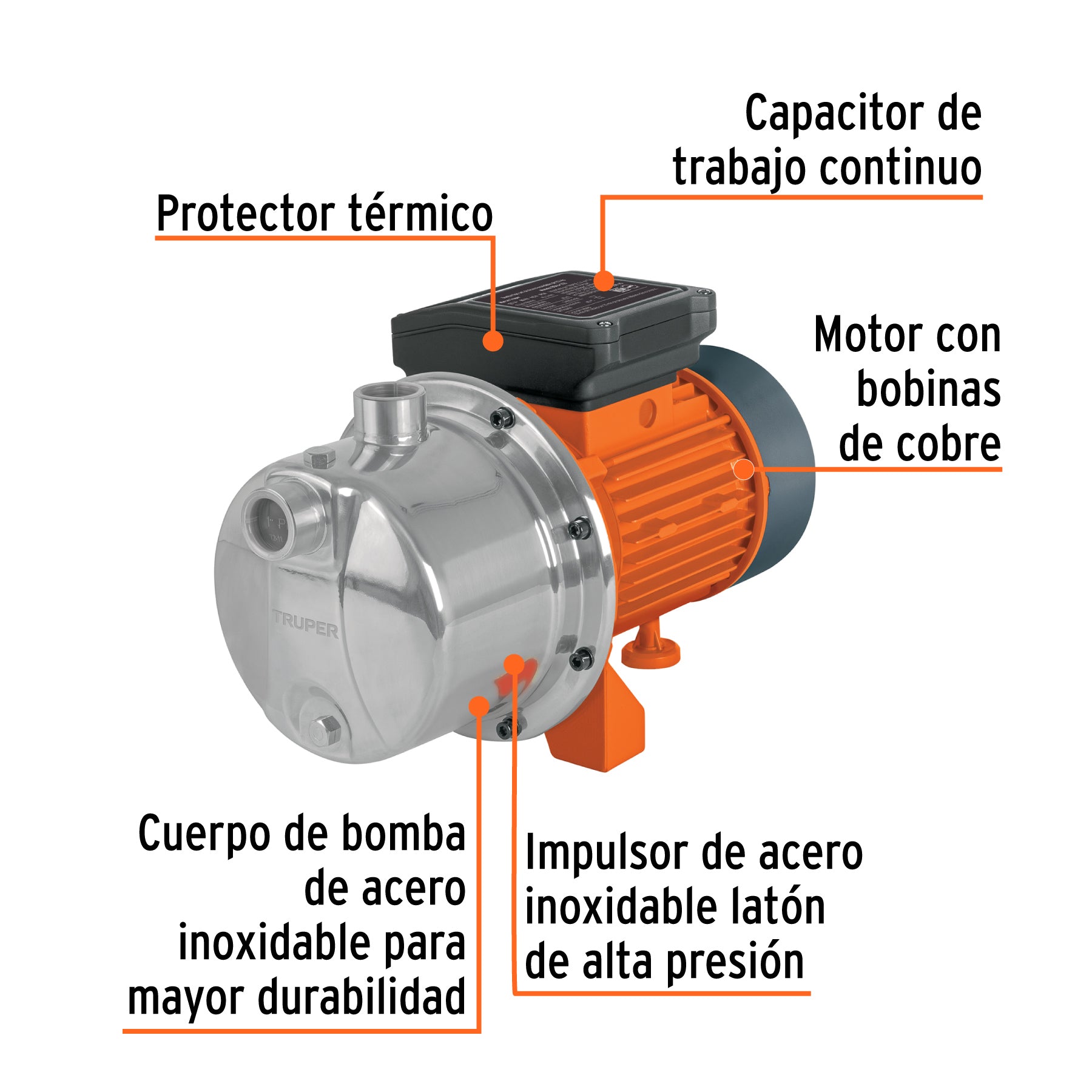 Bomba tipo jet, cabezal de acero inoxidable,1-1/2 HP, TRUPER. Modelo: BOAJ-1-1/2I