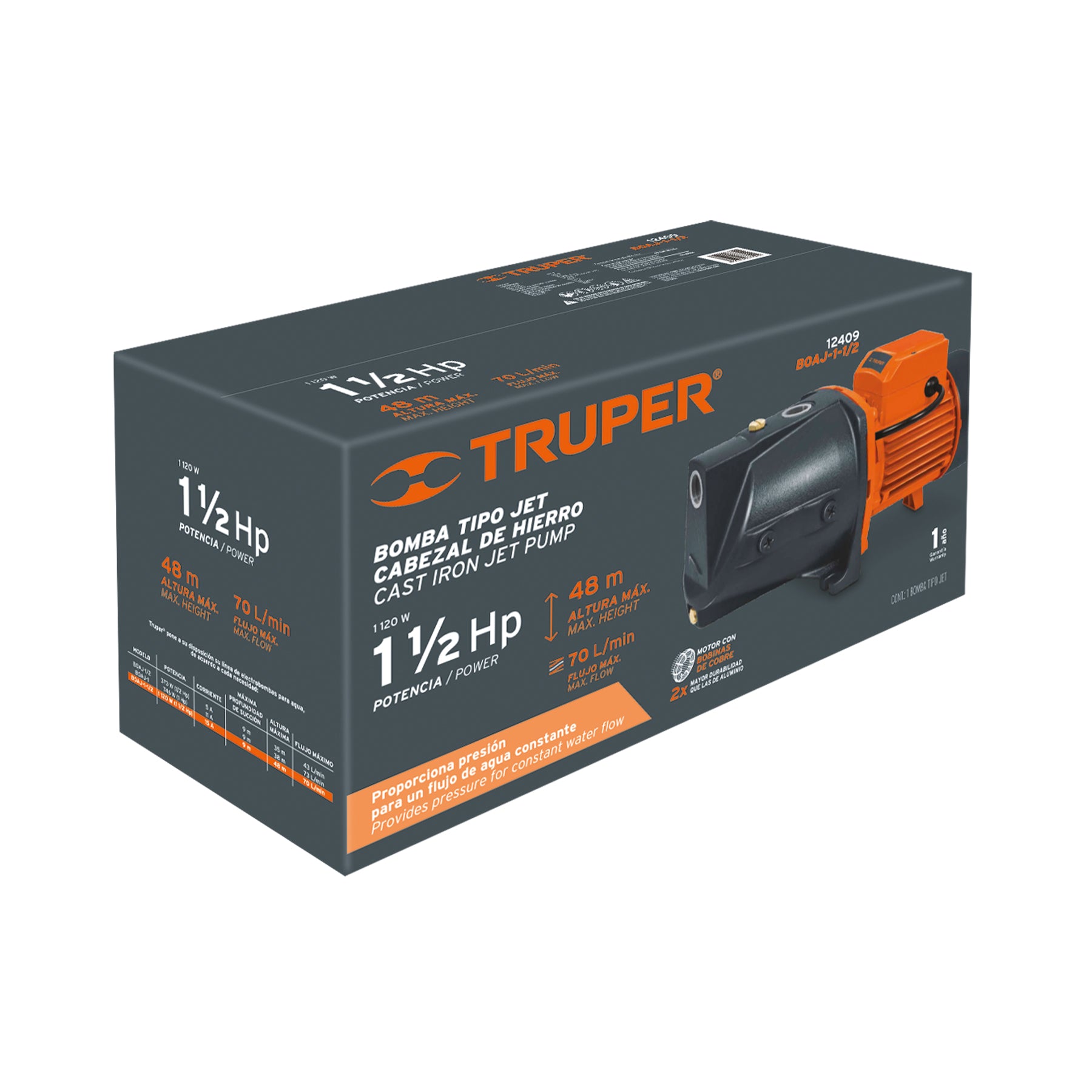 Bomba tipo jet, cabezal de hierro, 1-1/2 HP, TRUPER. Modelo: BOAJ-1-1/2