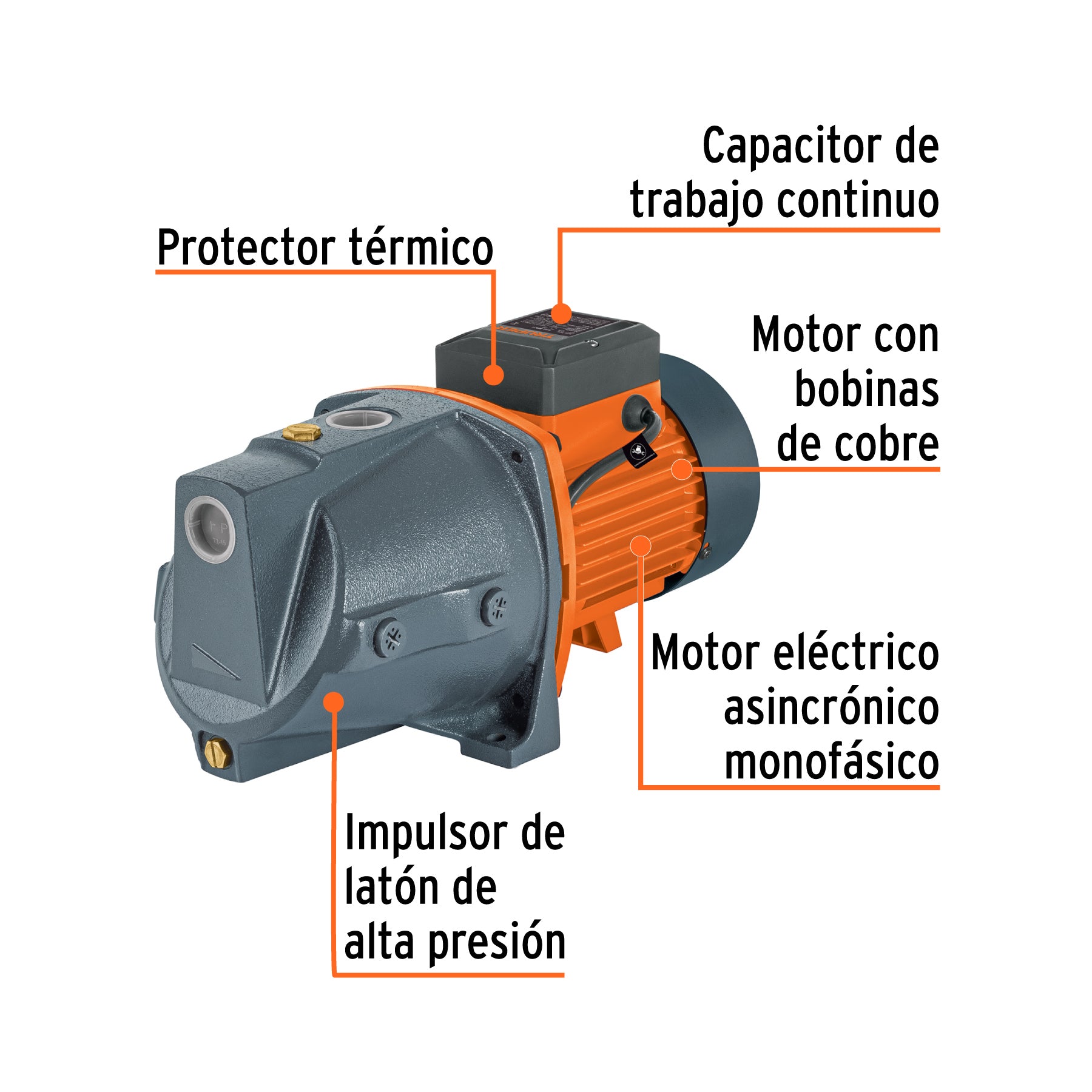 Bomba tipo jet, cabezal de hierro, 1-1/2 HP, TRUPER. Modelo: BOAJ-1-1/2