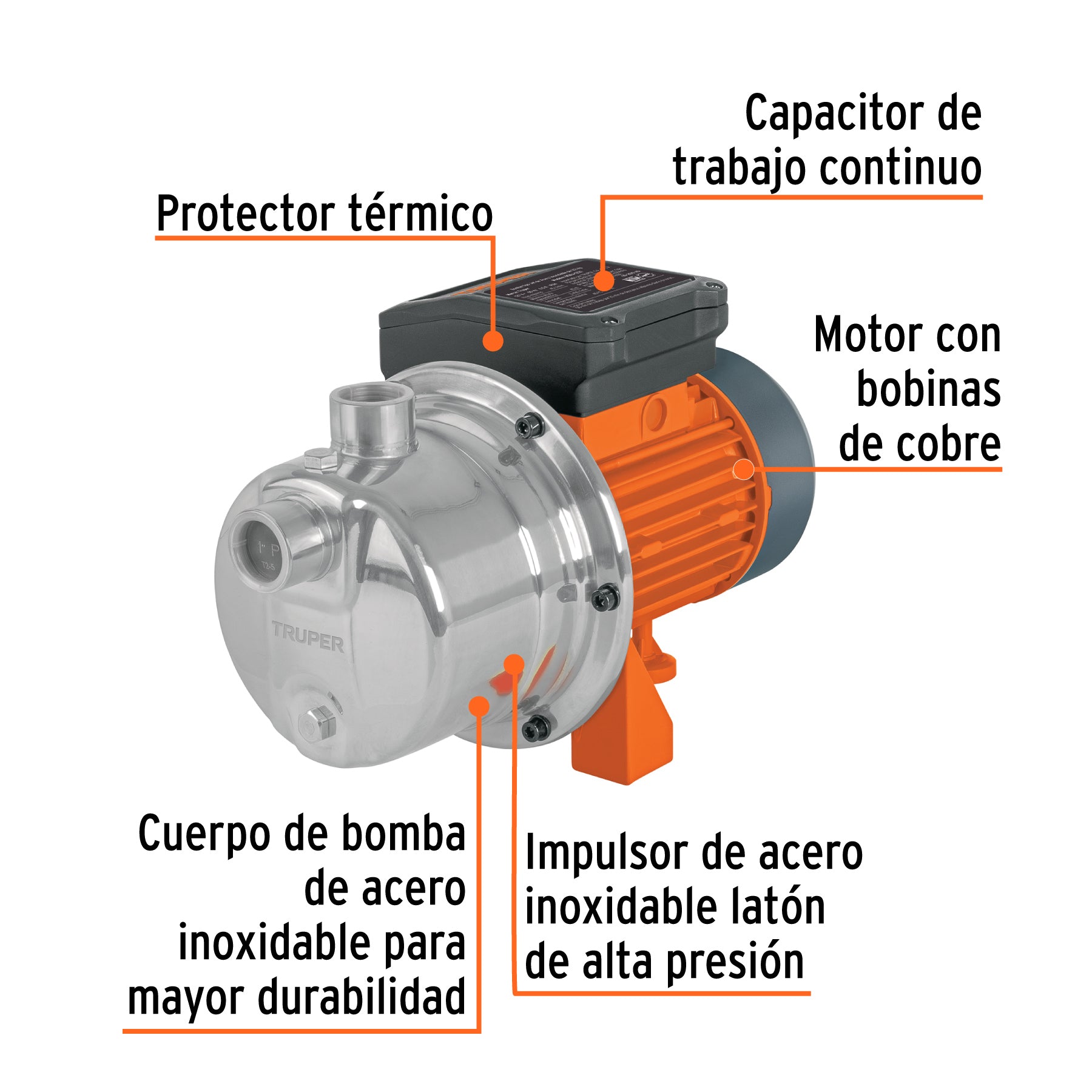 Bomba tipo jet, cabezal de acero inoxidable, 1/2 HP, TRUPER. Modelo: BOAJ-1/2I