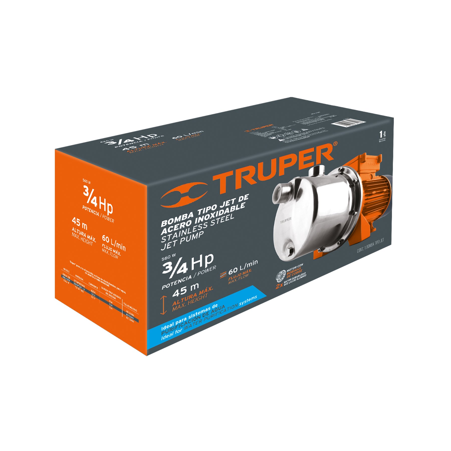 Bomba tipo jet, cabezal de acero inoxidable, 3/4 HP, TRUPER. Modelo: BOAJ-3/4I