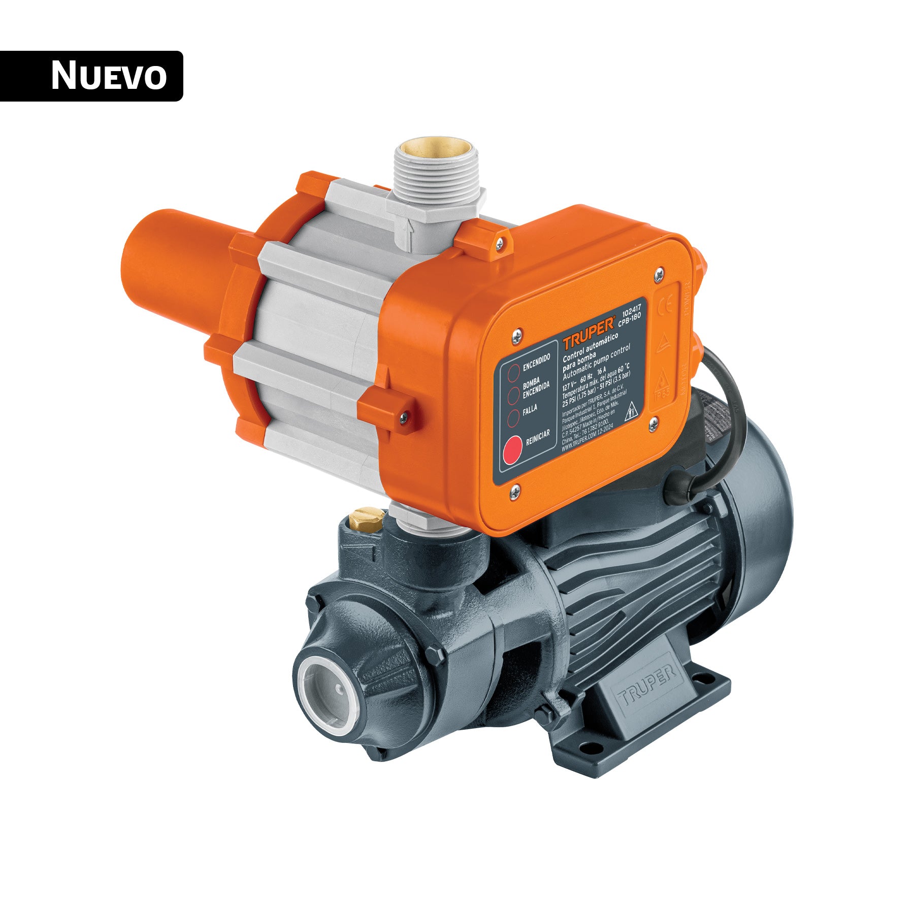 Bomba periférica 1/2HP, control auto, uso agrícola, TRUPER. Modelo: BOAP-1/2A2C