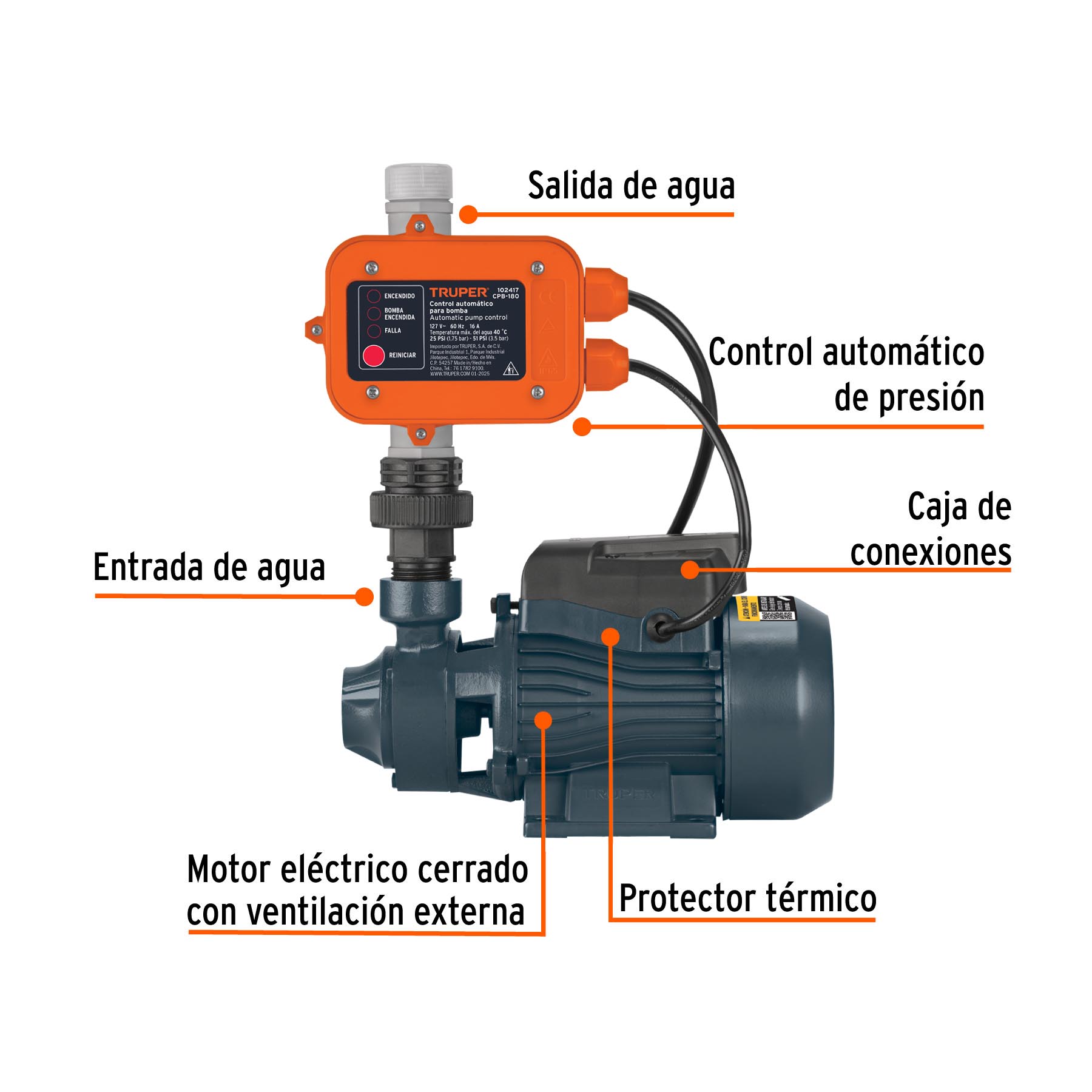 Bomba periférica 1/2HP, control auto, uso agrícola, TRUPER. Modelo: BOAP-1/2A2C