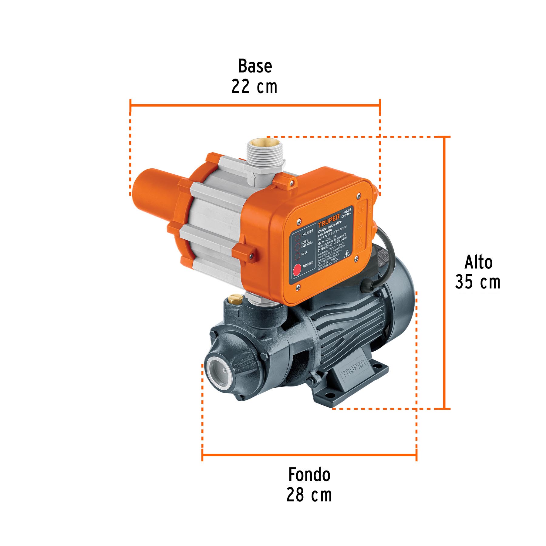 Bomba periférica 1/2HP, control auto, uso agrícola, TRUPER. Modelo: BOAP-1/2A2C