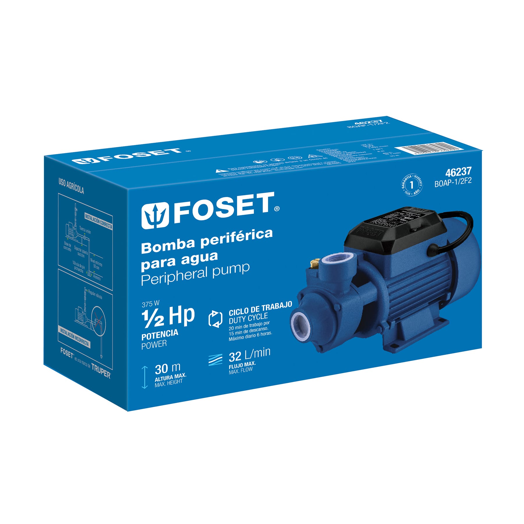 Bomba periférica 1/2HP, altura máx 30m, uso agrícola, FOSET. Modelo: BOAP-1/2F2