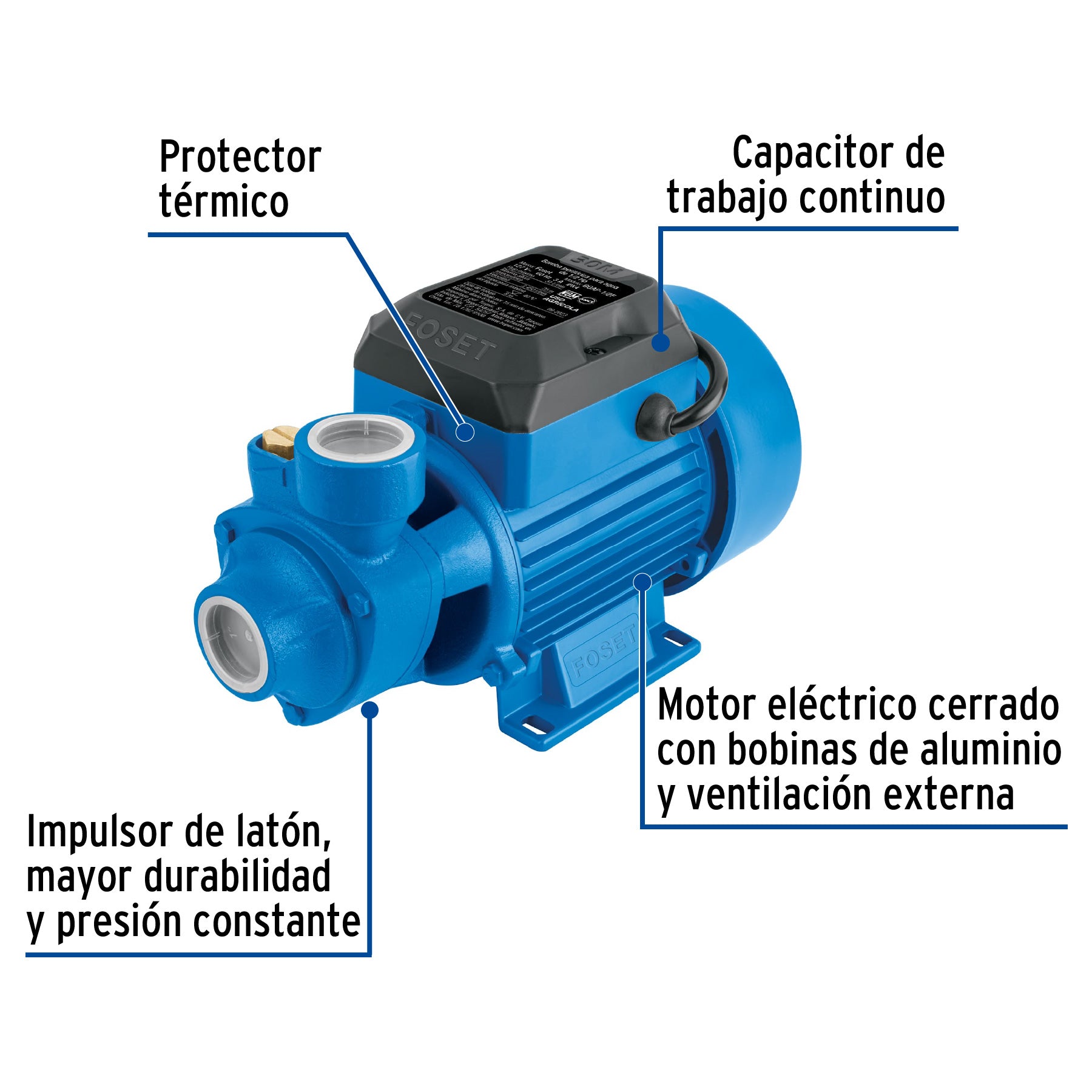 Bomba periférica 1/2HP, altura máx 30m, uso agrícola, FOSET. Modelo: BOAP-1/2F2