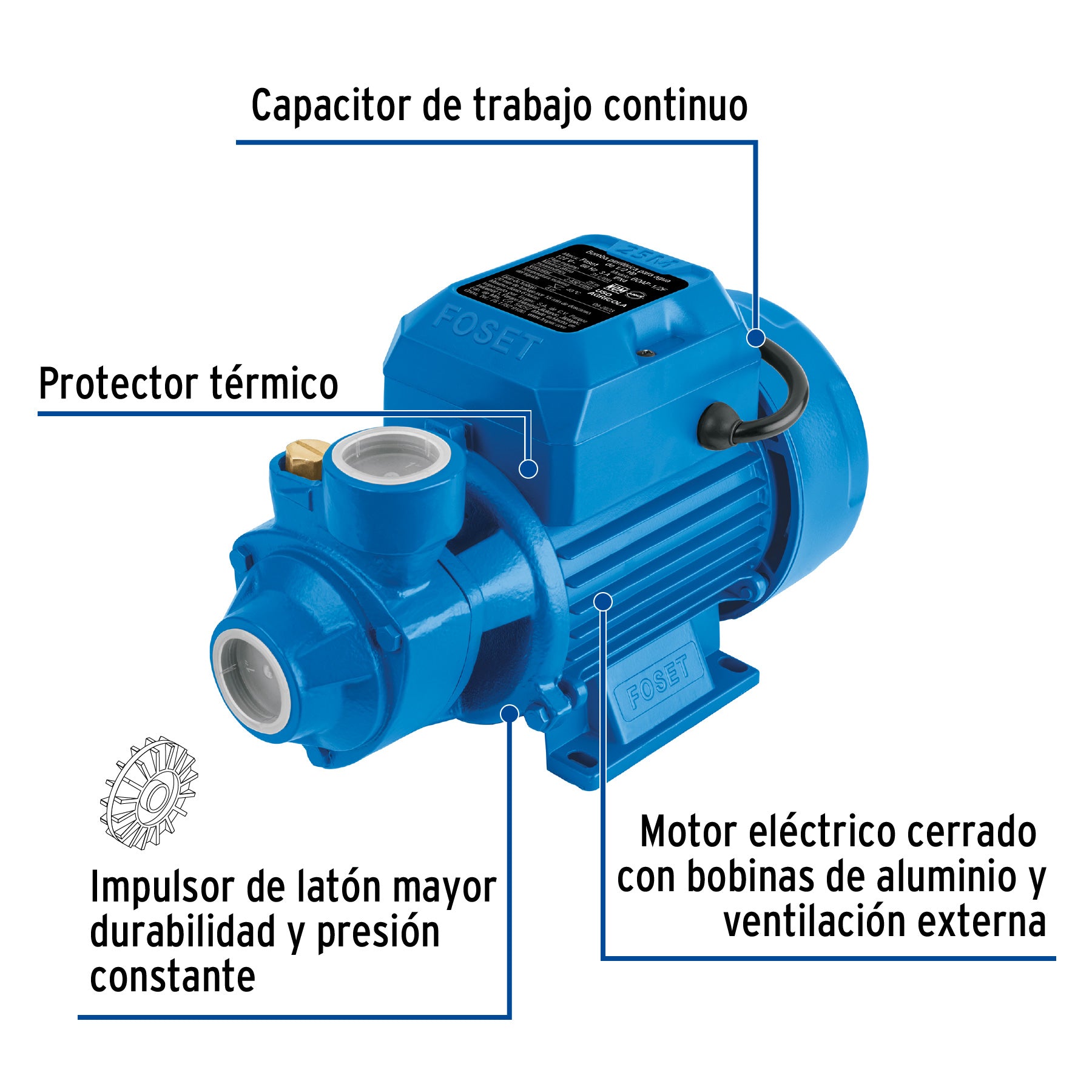 Bomba periférica 1/2HP, altura máx 25m, uso agrícola, FOSET. Modelo: BOAP-1/2F
