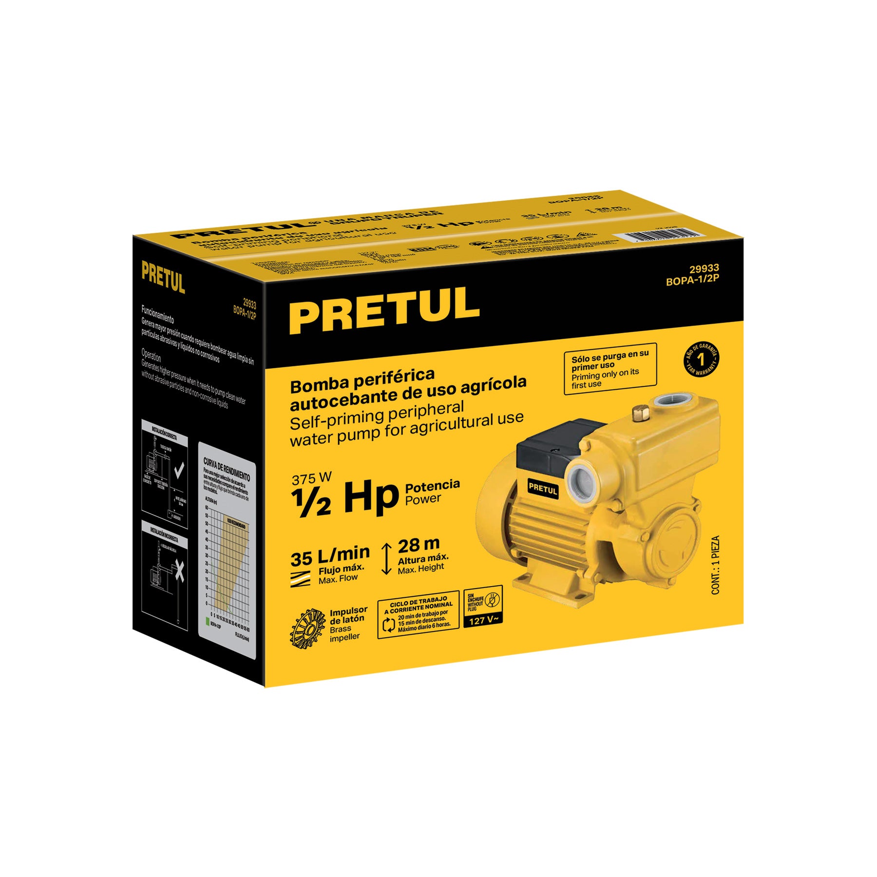 Bomba periférica autocebante 1/2HP, uso agrícola, PRETUL. Modelo: BOPA-1/2P