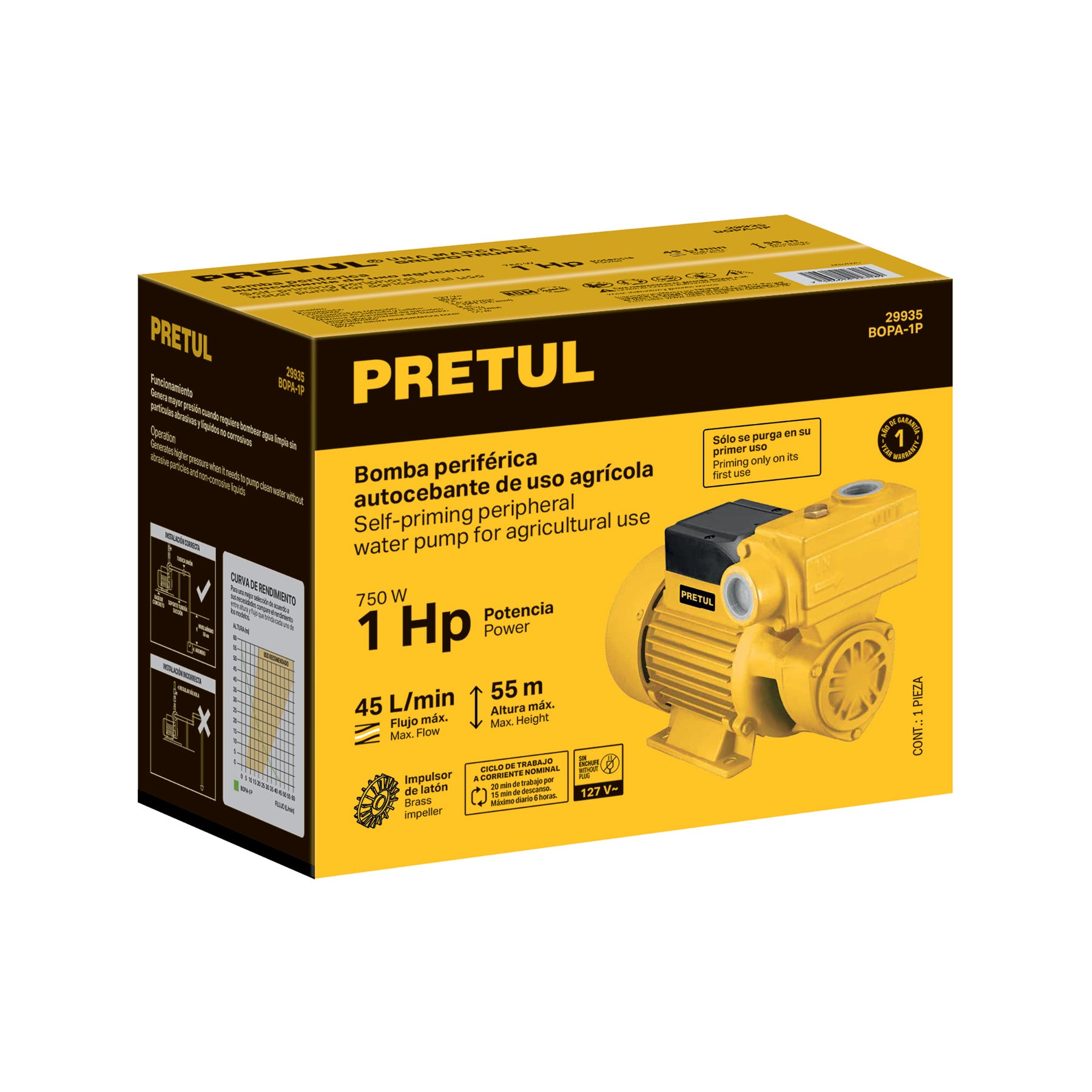 Bomba periférica autocebante 1HP, uso agrícola, PRETUL. Modelo: BOPA-1P