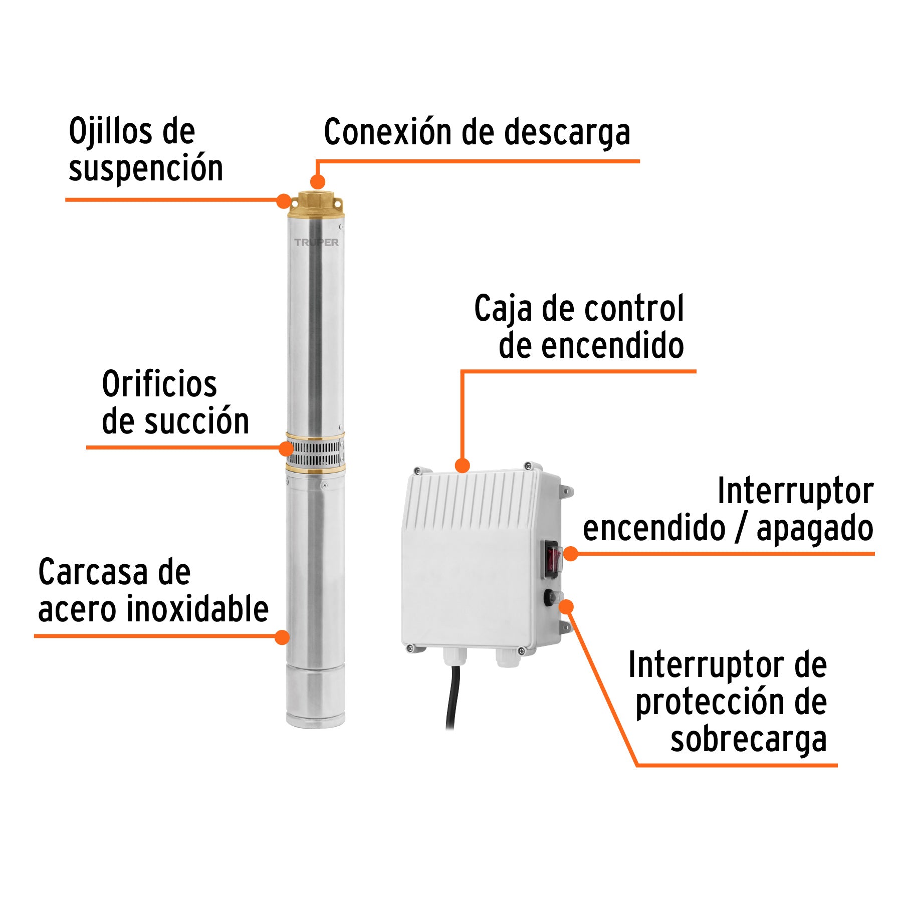Bomba sumergible tipo bala 4', 1-1/2HP,agrícola, 220V,TRUPER. Modelo: BOS-1-1/2LM-2