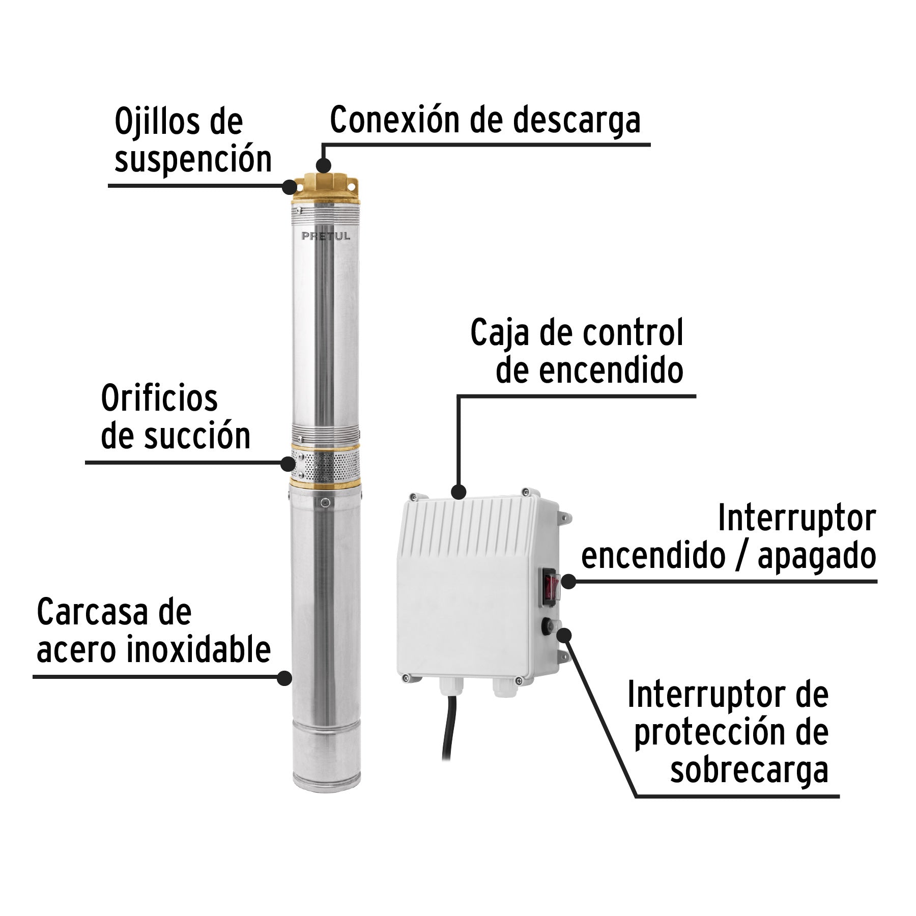 Bomba sumergible tipo bala 4', 1-1/2HP, uso agrícola, PRETUL. Modelo: BOS-1-1/2LMP