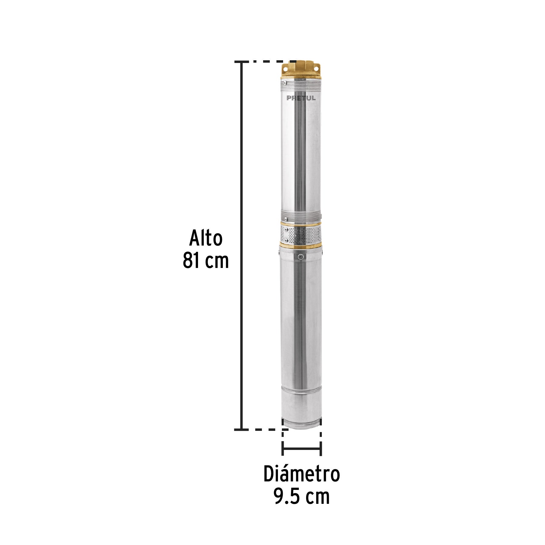 Bomba sumergible tipo bala 4', 1-1/2HP, uso agrícola, PRETUL. Modelo: BOS-1-1/2LMP