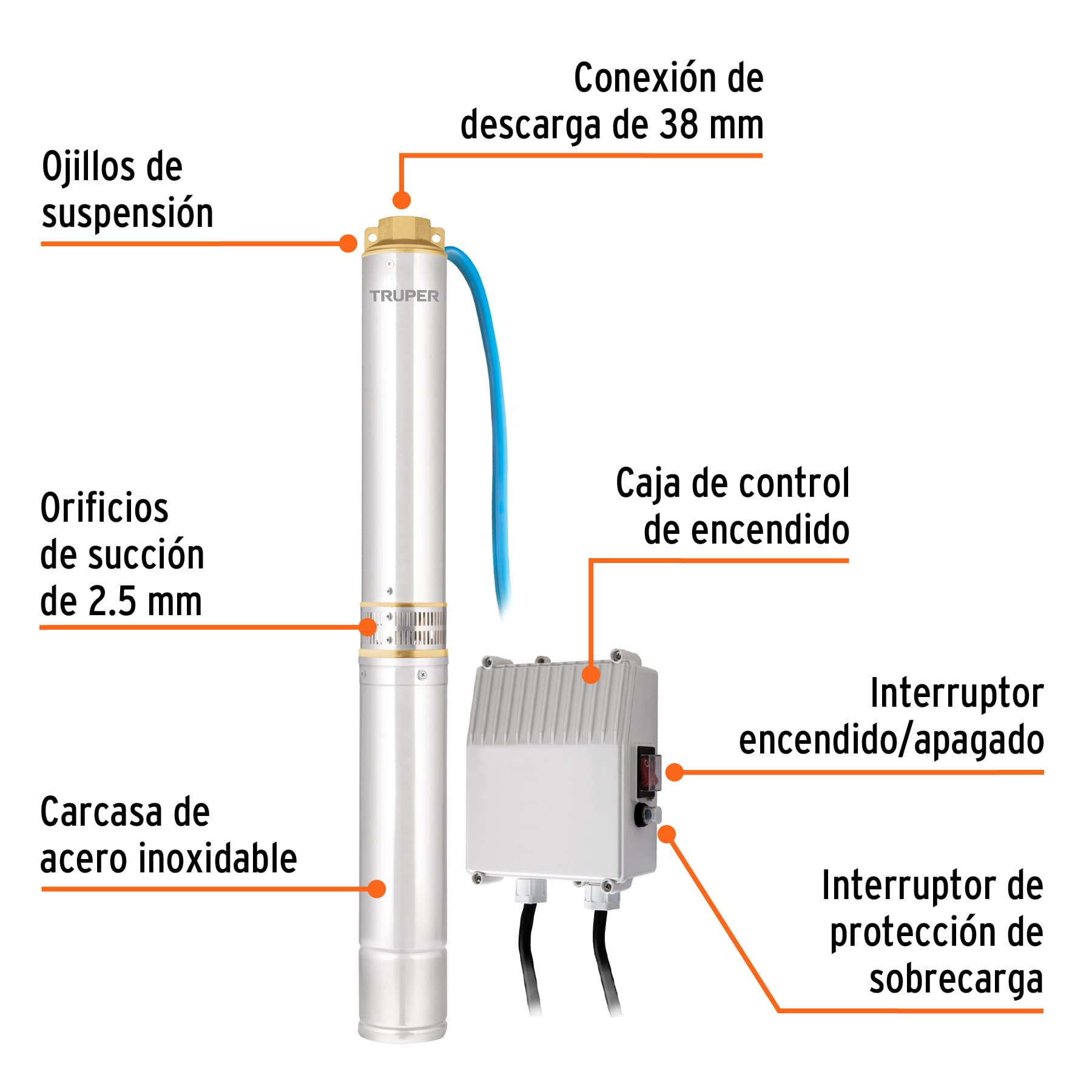 Bomba sumergible tipo bala 4', 1-1/2HP, uso agrícola, TRUPER. Modelo: BOS-1-1/2LM